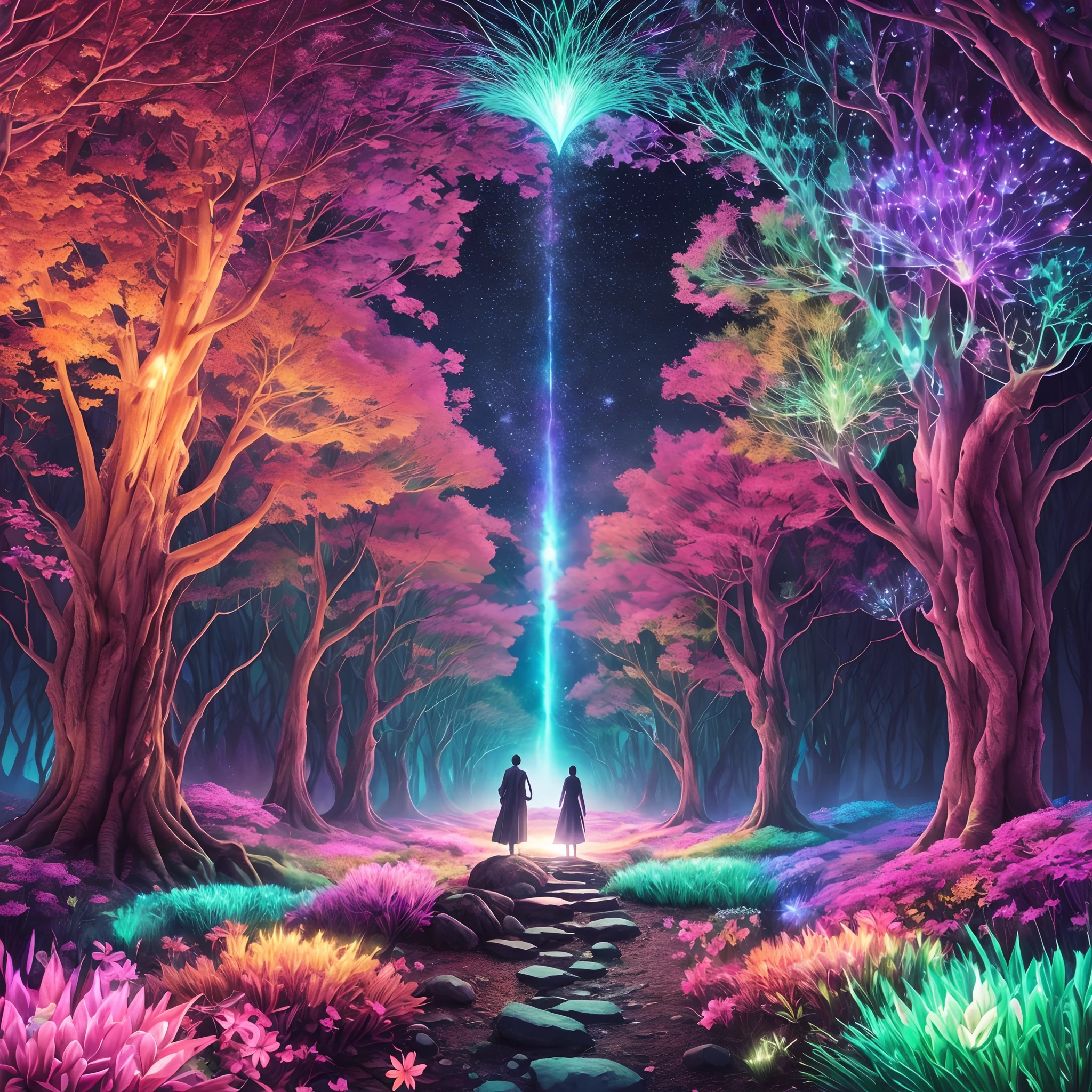 Imagine a surreal and vibrant landscape, Colors blend harmoniously，Own your own life. The sky is a rainbow in constant motion, radiating with light, flashing lights. Trees stretch out like magical creatures, The trunks twist and dance to the rhythm of unseen melodies in the air. Exotic flowers bloom in all directions, Each of them makes a soft sound, pulsating glow.

On the horizon, The majestic mountains rise in twisted shapes, Create an ethereal and impressive backdrop. Its slopes are covered by waterfalls that flow upwards, defying gravity. The water exudes psychedelic colors, Embodies the magical aura of the environment.

In the heart of this hypnotic landscape, A group of people connect in a state of spiritual union. Their silhouettes blend together, Form a vibrant energy cycle. Light flows between them, Create intricate patterns in the air.

As they explore this exciting world, Mysterious figures emerge from the shadows，Become the guardian of the wisdom of the universe. Mythical creatures fly in the sky, Leave a trail of stars on their path.

This image captures the essence of the LSD effect, Reveal change, Transcendent reality，Perception extensions，The imagination comes to life. It invites you to immerse yourself in the world of wonder, introspective, and a deep connection to the universe.