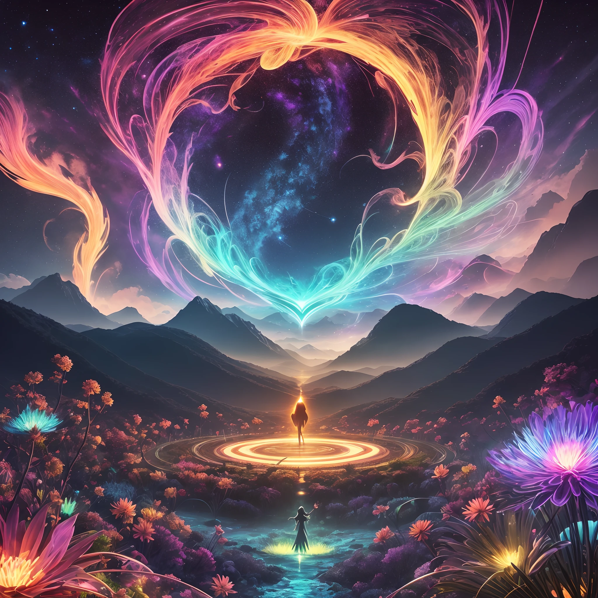 Imagine a surreal and vibrant landscape, Colors blend harmoniously,Own your own life. The sky is a rainbow in constant motion, radiating with light, flashing lights. Trees stretch out like magical creatures, The trunks twist and dance to the rhythm of unseen melodies in the air. Exotic flowers bloom in all directions, Each of them makes a soft sound, pulsating glow.
On the horizon, The majestic mountains rise in twisted shapes, Create an ethereal and impressive backdrop. Its slopes are covered by waterfalls that flow upwards, defying gravity. The water exudes psychedelic colors, Embodies the magical aura of the environment.
In the heart of this hypnotic landscape, A group of people connect in a state of spiritual union. Their silhouettes blend together, Form a vibrant energy cycle. Light flows between them, Create intricate patterns in the air.
As they explore this exciting world, Mysterious figures emerge from the shadows,Become the guardian of the wisdom of the universe. Mythical creatures fly in the sky, Leave a trail of stars on their path.
This image captures the essence of the LSD effect, Reveal change, Transcendent reality,Perception extensions,The imagination comes to life. It invites you to immerse yourself in the world of wonder, introspective, and a deep connection to the universe.