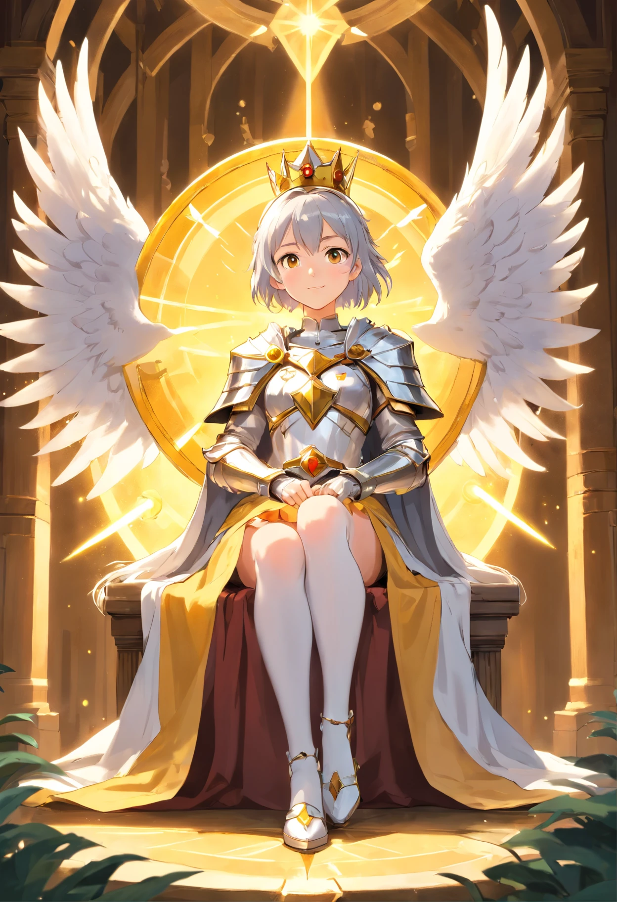 Full-body, silver-haired young girl, golden eyes, angelic body, and white armor with a mini skirt, wield a shield, wear a cloak and golden crown, sitting on the throne of golden sun, white wings, heavenly sun, and dawn background scene, the magic circle with diamond star, brave smile, stable diffusion v5, anime style v3, lora style v5, dynamic, image enhance, dream shape, vibrant, realistic face, best quality, upscale, sharp focus masterpiece.