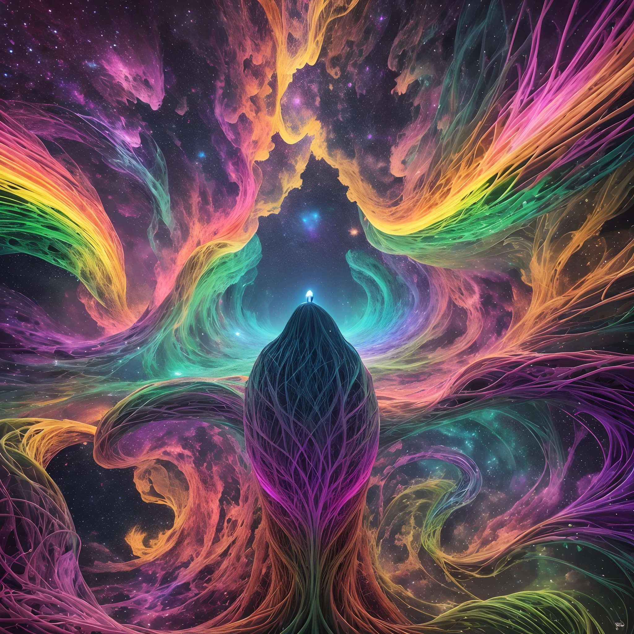 Imagine a surreal and vibrant landscape, Colors blend harmoniously，Own your own life. The sky is a rainbow in constant motion, radiating with light, flashing lights. Trees stretch out like magical creatures, The trunks twist and dance to the rhythm of unseen melodies in the air. Exotic flowers bloom in all directions, Each of them makes a soft sound, pulsating glow.

On the horizon, The majestic mountains rise in twisted shapes, Create an ethereal and impressive backdrop. Its slopes are covered by waterfalls that flow upwards, defying gravity. The water exudes psychedelic colors, Embodies the magical aura of the environment.

In the heart of this hypnotic landscape, A group of people connect in a state of spiritual union. Their silhouettes blend together, Form a vibrant energy cycle. Light flows between them, Create intricate patterns in the air.

As they explore this exciting world, Mysterious figures emerge from the shadows，Become the guardian of the wisdom of the universe. Mythical creatures fly in the sky, Leave a trail of stars on their path.

This image captures the essence of the LSD effect, Reveal change, Transcendent reality，Perception extensions，The imagination comes to life. It invites you to immerse yourself in the world of wonder, introspective, and a deep connection to the universe.