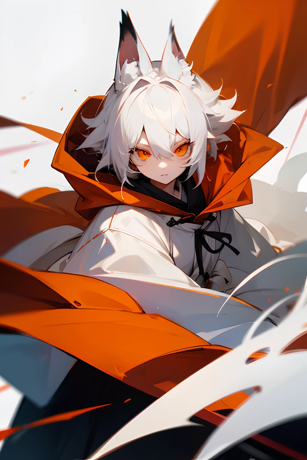 white  hair、Orange eyes、Hood from the top of the fox's ears