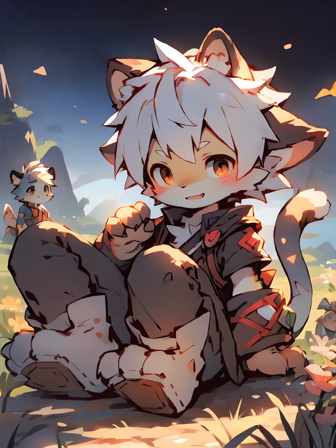 （shota, toddlers, furry，male, nsfw, animalistic）Dragon's horn，lots of fur, fox fur, furry, animalistic, fox cub, black with white stripes fur, green eyes, adorable, small muscles,  standing on your feet， Master masterpieces， A high resolution，8k，detailedbackground，high high quality，solo，naked, nudity, having sex, masturbating a lot, medium size penises, nsfw, cumming a lot, experiencing orgasm, sex, hentai, heavy sex, masturbate, cumming, orgasm, nice penis, no censorship, penis is not covered, no clothing, penis cumming everywhere ，grassy fields，white blossoms，falling leaf，​​clouds，setting sun，Shy，wide wide shot，（solo，solo person），Dragon wings