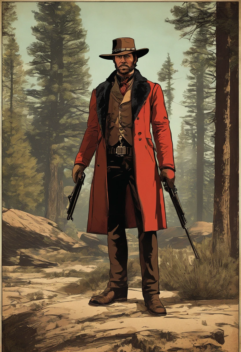 《Red Dead Redemption 2》Full body picture of a dangerous illegal gunman, Wearing a black fur coat,suit vest,clean shaven,without a beard,Detailed portrait, Vintage illustration, High-res, Realistic colors, intricate drawing, Vibrant colors, Dramatic lighting, Full body shot, There are only clean calves on the face, The whole body from the feet to the top. Eastern United States 1899 forest hut background, There are grasses and many trees,Cigarette card color,Cigarette card,Old paper texture