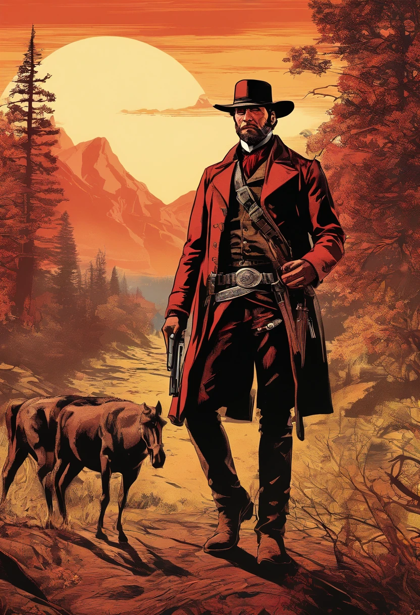 《Red Dead Redemption 2》Full body picture of a dangerous illegal gunman, Wearing a black fur coat,suit vest,clean shaven,without a beard,Detailed portrait, Vintage illustration, High-res, Realistic colors, intricate drawing, Vibrant colors, Dramatic lighting, Full body shot, There are only clean calves on the face, The whole body from the feet to the top. Eastern United States 1899 forest hut background, There are grasses and many trees,Cigarette card color,Cigarette card,Old paper texture