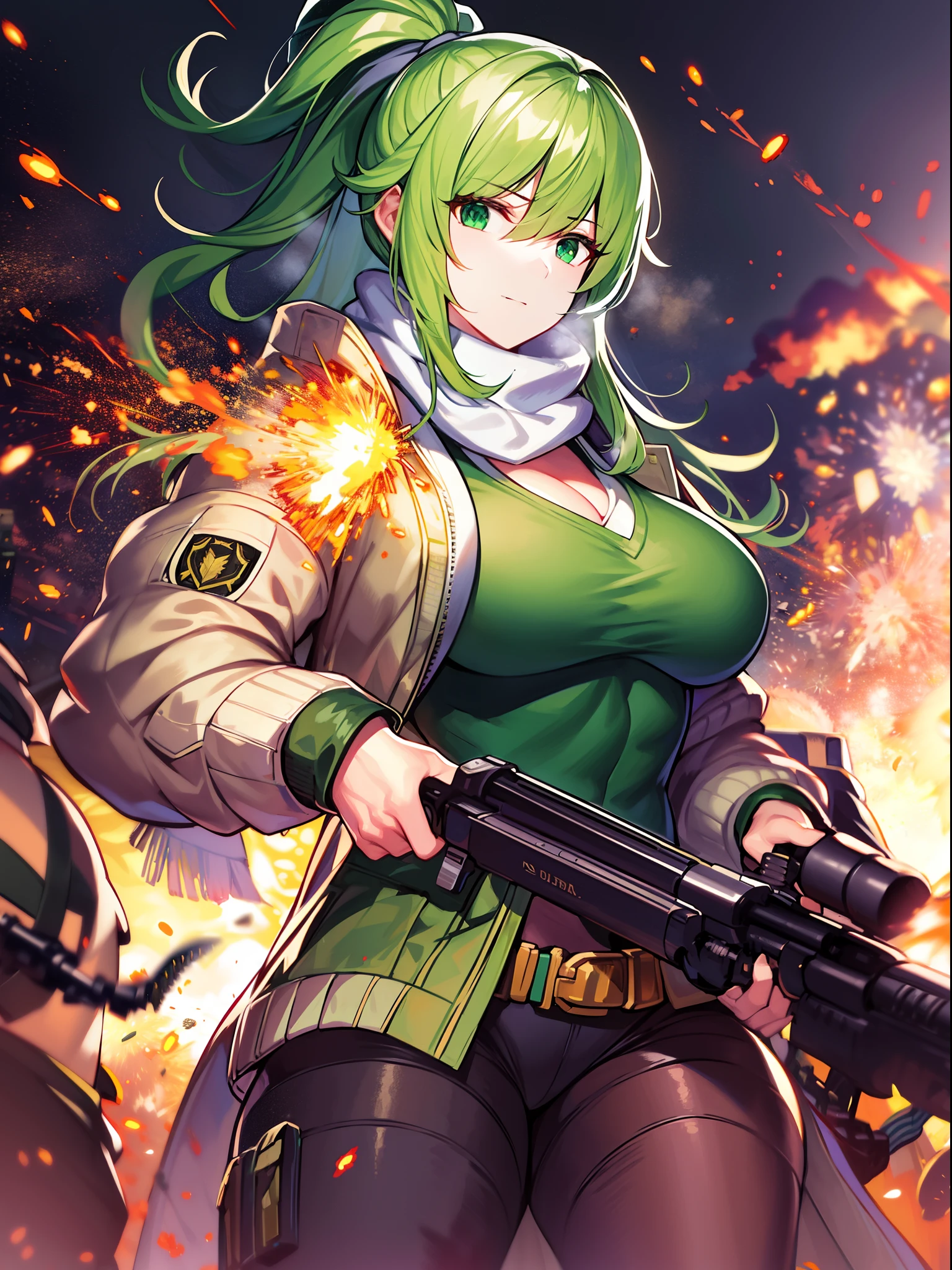 ​masterpiece++、top-quality++、ultra-definition++、ultra-definition++、4k++、8k++、from side、（Background Focus）++、（（（1）））+++、Sexily dressed woman wearing green jacket and white scarf with ammunition belt and Gatling gun on battlefield with explosions and sparks that destroy cities１Cast a man's muscular big breasts military spell、Wearing a green jacket and white scarf with an ammunition belt and Gatling gun on a battlefield with explosions and sparks１Man muscular big breasts soldier rune、Wearing a green jacket and white scarf with an ammunition belt and Gatling gun on a battlefield with explosions and sparks１The magic of a muscular big breasts soldier、On a battlefield with explosions and sparks flying over, he wore a green jacket and white scarf with an ammunition belt and a Gatling gun１Muscular big breasts soldier、Wearing a green jacket and white scarf with an ammunition belt and Gatling gun on a battlefield with explosions and sparks１Muscular Big Military Sorcerer、Wearing a green jacket and white scarf with an ammunition belt and Gatling gun on a battlefield with explosions and sparks１Muscular big breasts military goddess、detailed fantasy art、fantasy art style、Break wearing a green jacket and white muffler with ammunition belt and Gatling gun on a battlefield with beautiful ancient explosions and sparks１Muscular Colossal Soldier Witch、Wearing a green jacket and white scarf with an ammunition belt and Gatling gun on a battlefield with explosions and sparks１Man Muscular Big Military Colossal Queen、Fantasy Art Behans、Wearing a green jacket and white scarf with an ammunition belt and Gatling gun on a battlefield with beautiful explosions and sparks１Muscular Big Military Magician、Wearing a green jacket and white scarf with an ammunition belt and Gatling gun on a battlefield with beautiful explosions and sparks１Muscular Big Military Magician、Wearing a green jacket and white muffler with an ammunition belt and Gatling gun on a battlefield with shiny floating explosions and spar
