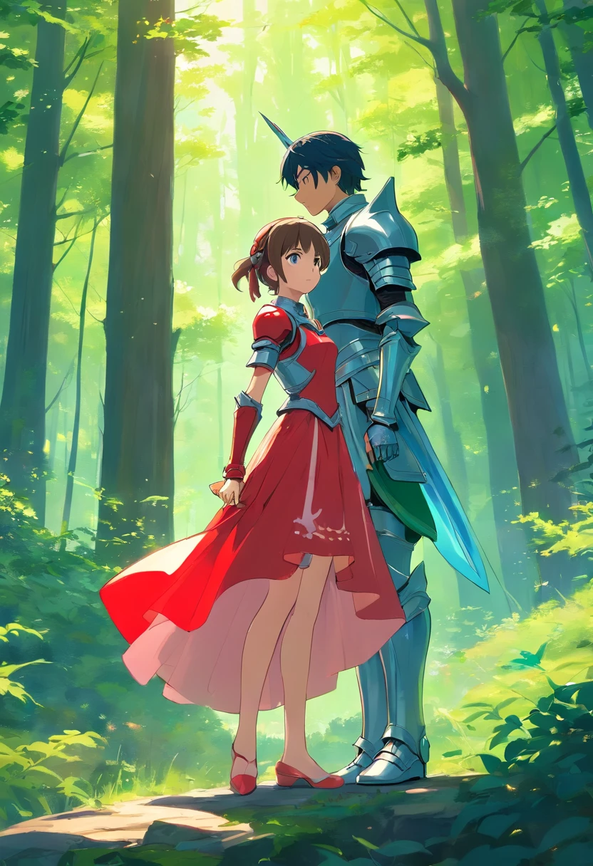 knight in metal armor looking at a princess in dress, they are off in the distance of a lush forest of trees landscape shot, painting with pallet knife and brush strokes, unreal engine, alphonse mucha style, makoto shinkai and lois van baarle style, global illumination, detailed and intricate environment, pint and red hearts