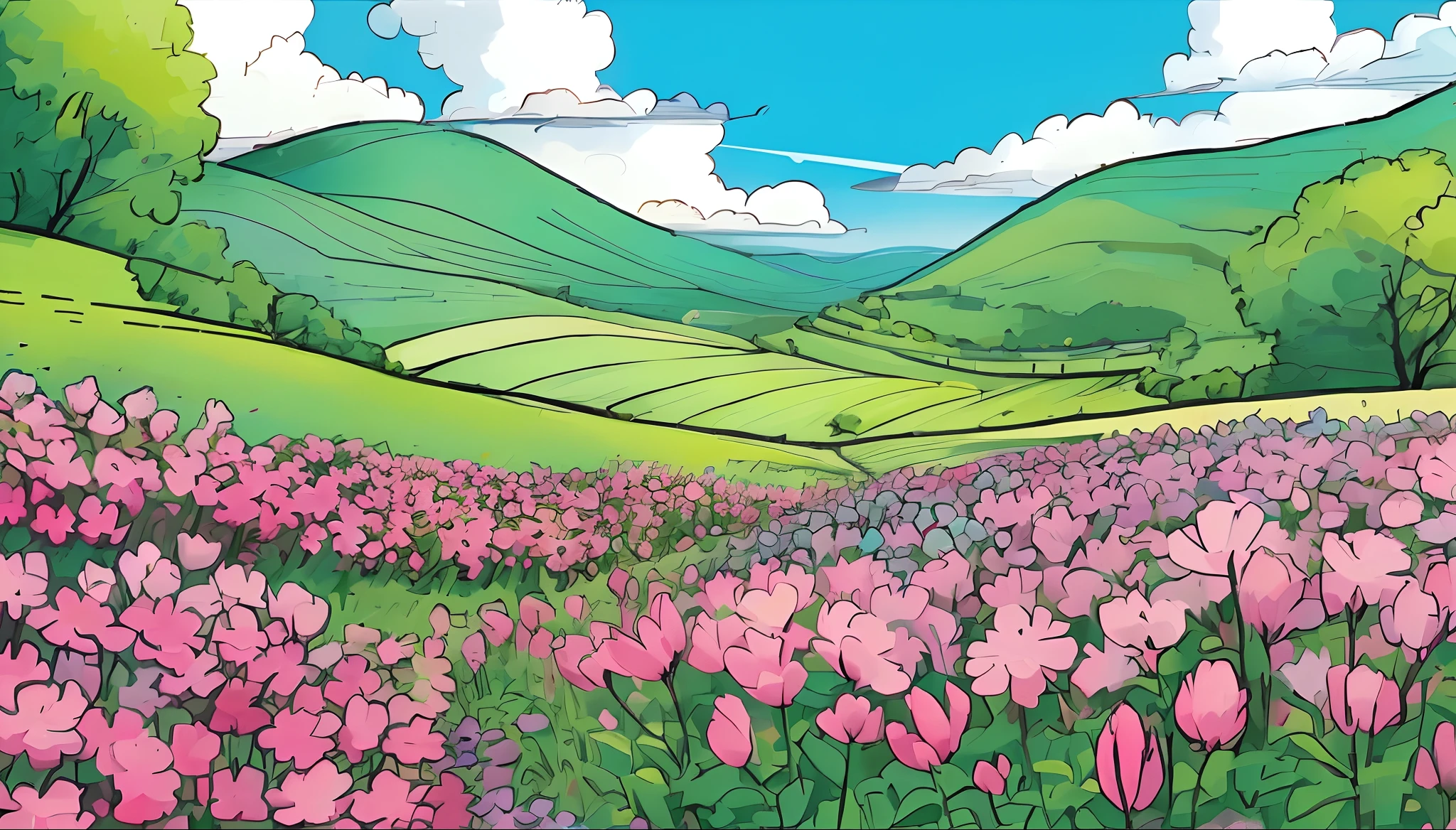 Fields full of flowers，Flowers，Blue sky，​​clouds，green color，In pink，(Black lines:1.3)，Simple
