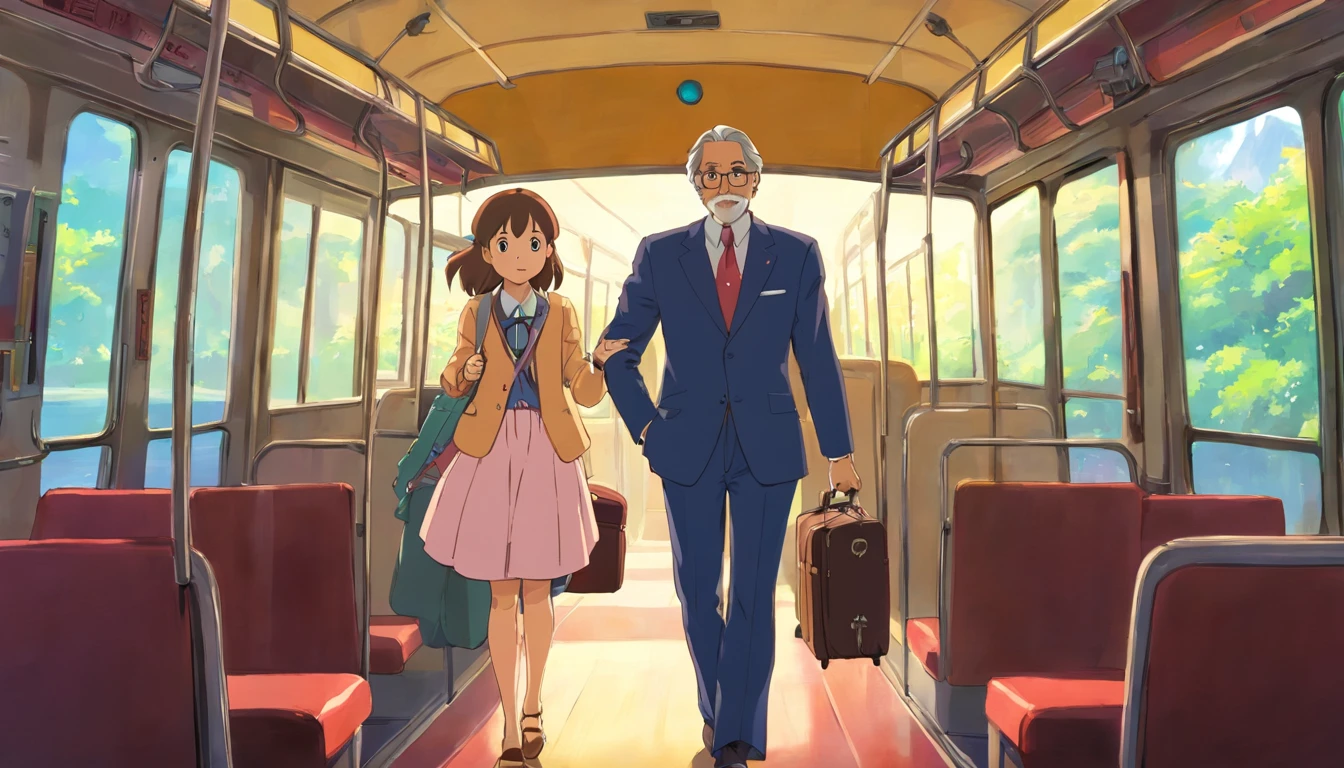 Uncle in suit with daughter,Get off the bus,Return to your hometown with your luggage