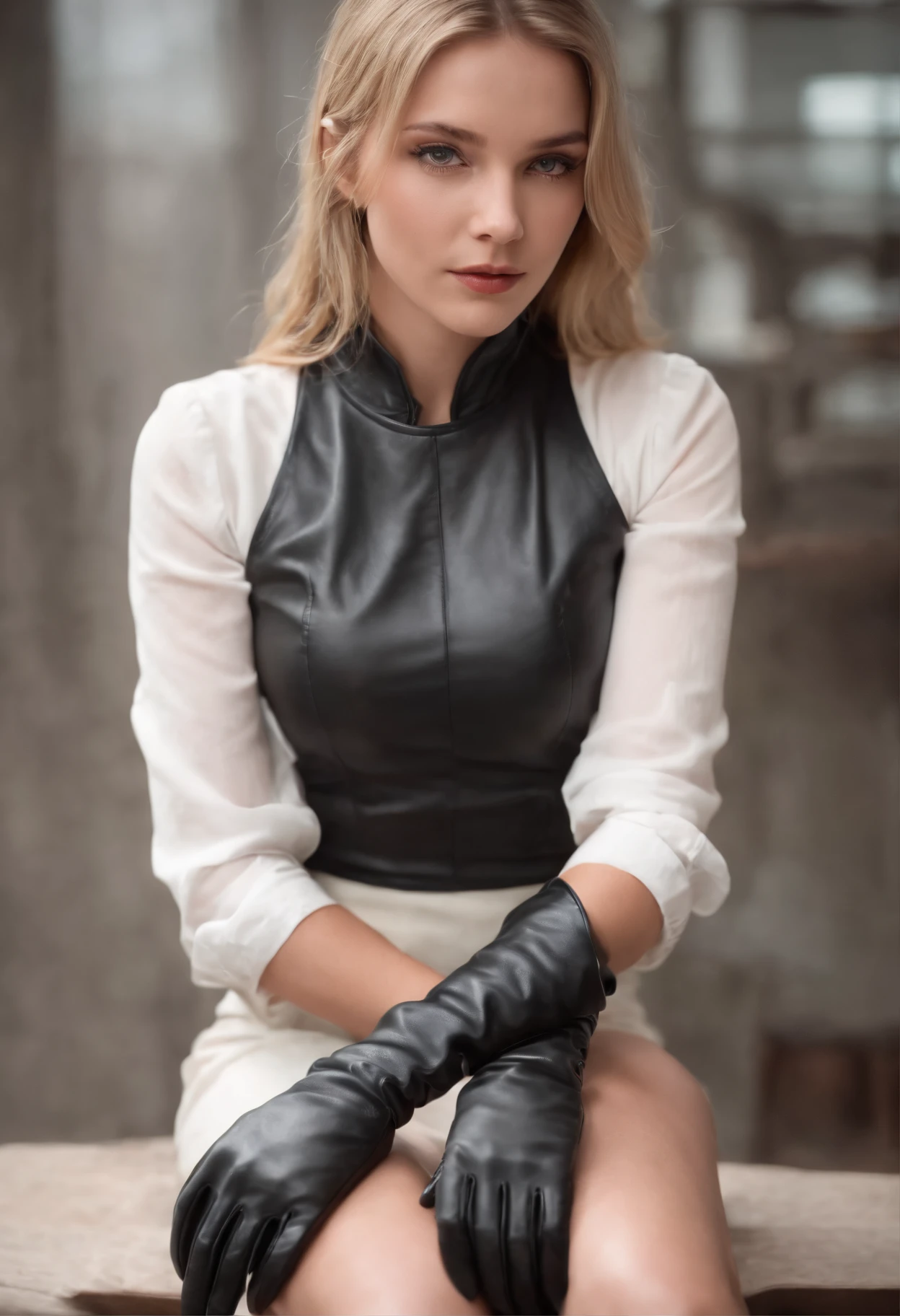 Black leather gloves with five fingers in both hands, black leather tight skirt, white blouse, black leather long boots, sit on a leather chair with her feet aligned, both hands of leather gloves are aligned on her knees, American blonde young actress who tied her hair back