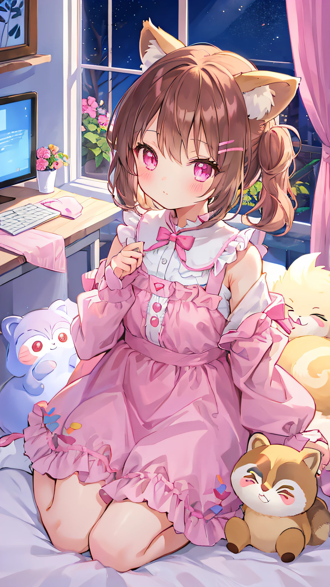 Beautiful illustration、top-quality、Cute s、Bedroom、PastelColors、Fluffy raccoon ears、小柄、brown haired、Bright lighting、bright pink eyes、Pony tail