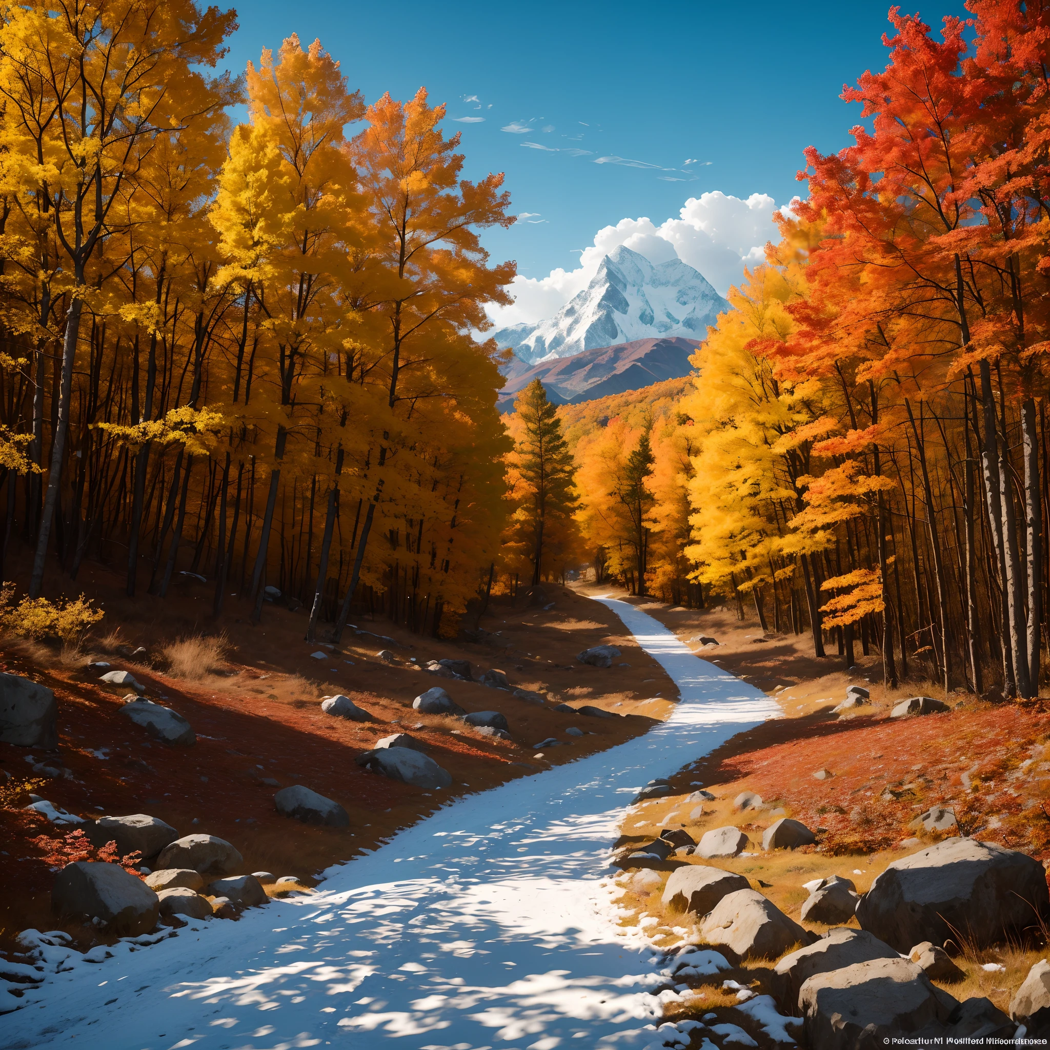 A person walking on a winding stone path up the cold mountain, with white clouds lingering in the deep distance, indicating the presence of a secluded home. The scene is set in the late autumn, with the trees in the maple forest displaying vibrant colors. The leaves have been kissed by frost, turning them crimson, reminiscent of blooming flowers in February. The artwork should have the best quality, with a resolution of 4k or 8k, and be a masterpiece. It should be ultra-detailed and realistic, with a focus on capturing the intricate details of the landscape. The art style should be reminiscent of traditional landscape paintings, with a touch of romanticism. The color palette should be warm, with hues of red, orange, and yellow dominating the scene. The lighting should be soft and diffused, creating a serene and tranquil atmosphere.