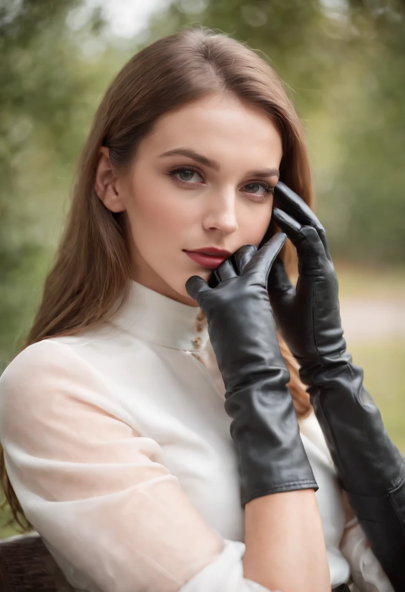 Black leather gloves with five fingers in both hands, black leather tight skirt, white blouse, black leather long boots, sit on a leather chair with her feet aligned, both hands of leather gloves are aligned on her knees, American blonde young actress who tied her hair back