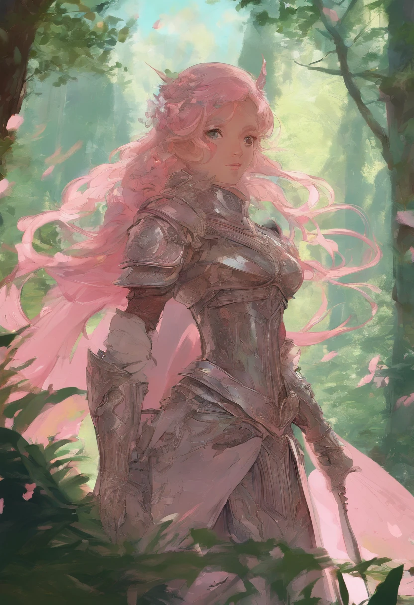 knight in metal armor looking at a princess in dress, they are off in the distance of a lush forest of trees landscape shot, painting with pallet knife and brush strokes, unreal engine, alphonse mucha style, makoto shinkai and lois van baarle style, global illumination, detailed and intricate environment, pink and red hearts