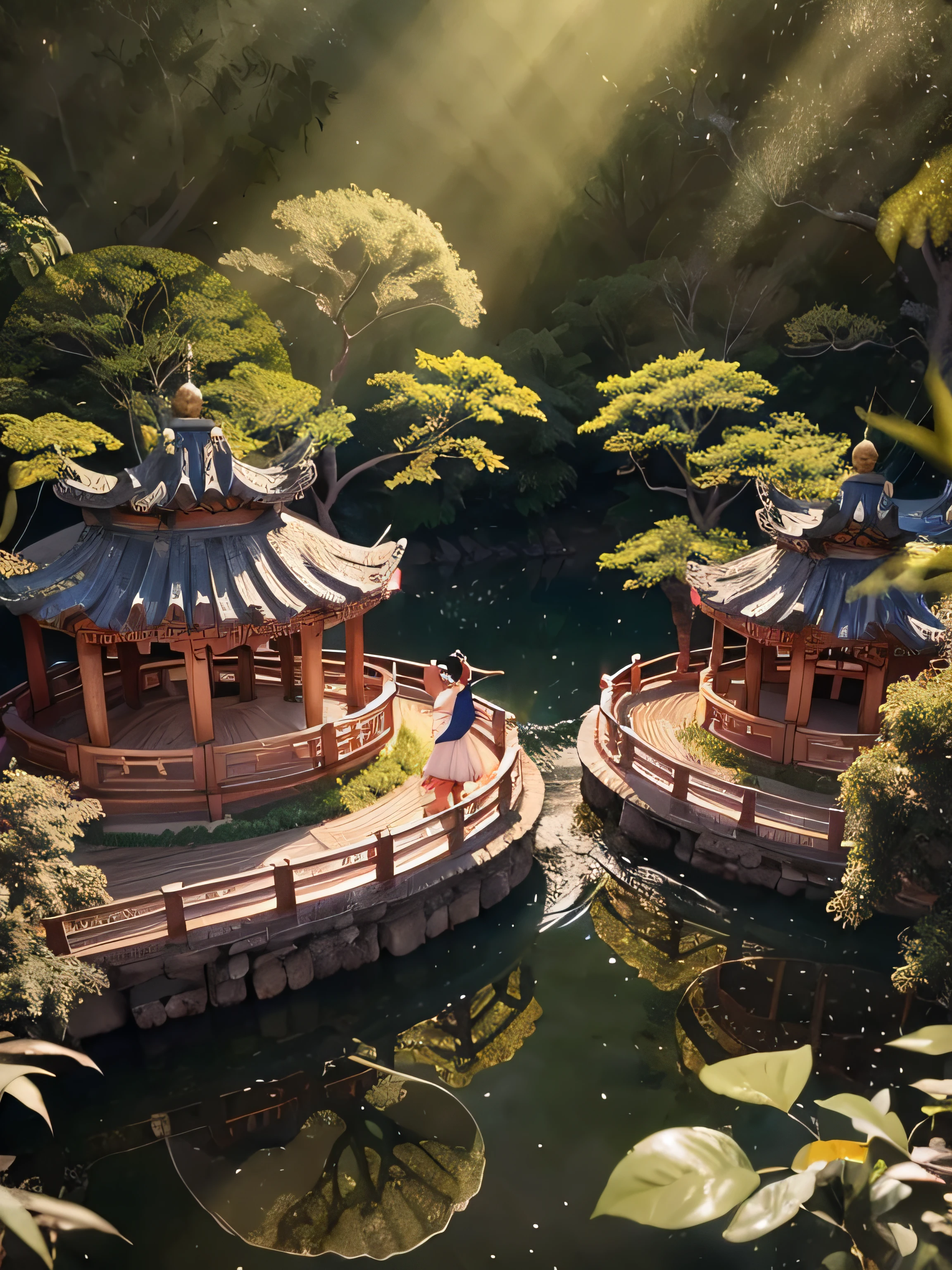 tmasterpiece,Best quality at best,Extremely beautiful reflection,The best reflections。(Very detailed CG unity 8K wallpaper),(Best quality at best),(The best illustrations),(The best shadow),Girls in Dunhuang costume dancing in the forest,Delicate makeup,Quiet Jiangnan water town,Supai architecture,Beautiful roses,quiet streams,surrounded by exquisite leaves and branches,There are also fireflies and glowing particle effects,(rainy evening),(nature elements),(Gangnam theme),(Foliage),(tree branch),(glowworm),butterflys,(exquisite leaves),(with light glowing),(Particle effect)。 , Isometric 3D, Octane rendering, Ray traching, ultra-detailliert