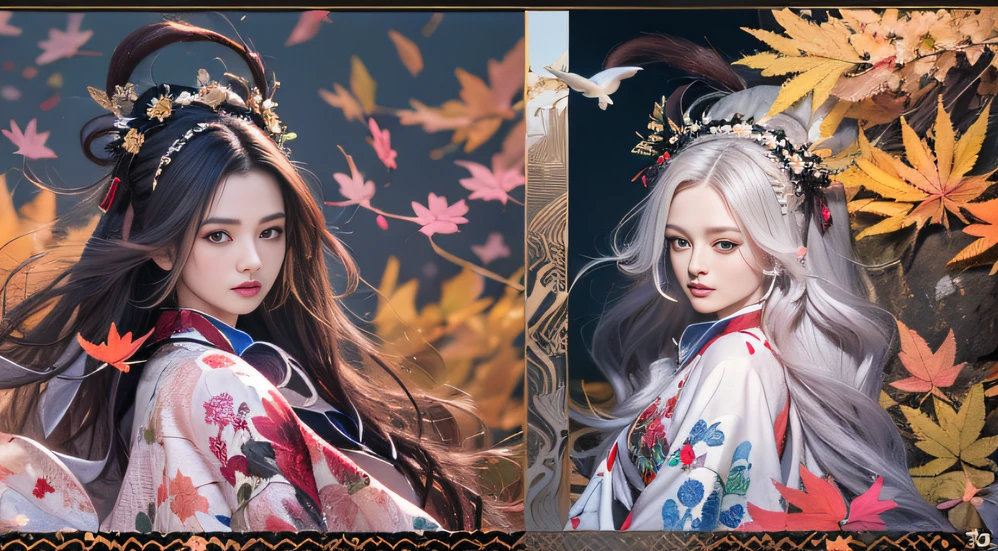 32K autumn view(tmasterpiece,k hd,hyper HD,32K)Long flowing black hair,ponds,zydink, a color, Autumn (Sensual girl), (Blue and white silk scarf), Combat posture, looking at the ground, long whitr hair, Floating hair, Carp pattern headdress, Chinese long-sleeved cheongsam, (Abstract gouache splash:1.2), Pink petal background,Pink and white autumn sunset leaves fly(realisticlying:1.4),Black color hair,Fallen leaves flutter,The background is pure, A high resolution, the detail, RAW photogr, Sharp Re, Nikon D850 Film Stock Photo by Jefferies Lee 4 Kodak Portra 400 Camera F1.6 shots, Rich colors, ultra-realistic vivid textures, Dramatic lighting, Unreal Engine Art Station Trend, cinestir 800,Long flowing black hair,Bright clothes