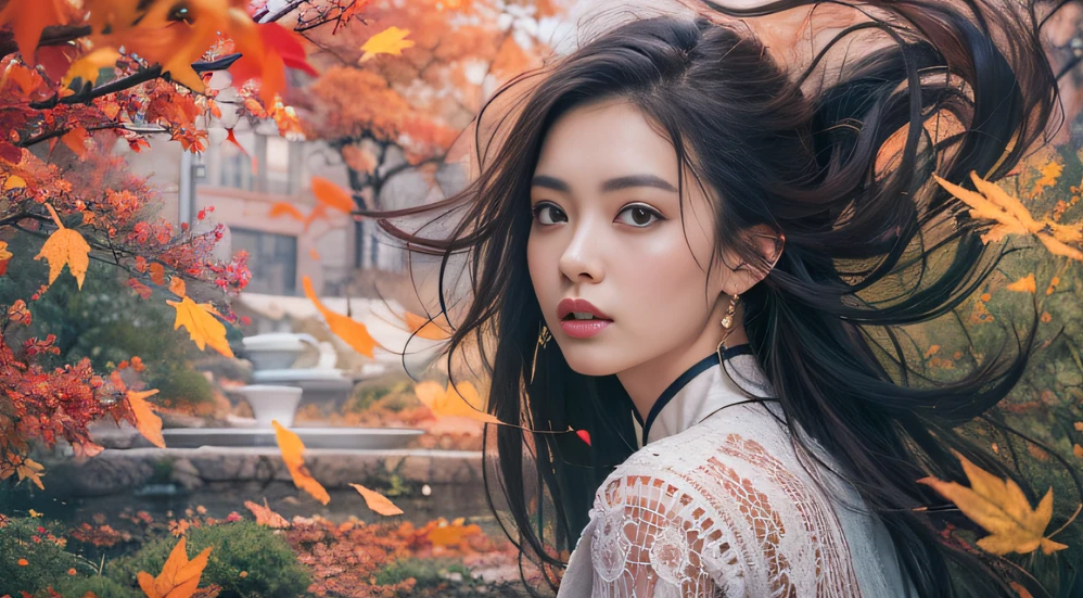 32K autumn view（tmasterpiece，k hd，hyper HD，32K）Long flowing black hair，ponds，zydink， a color， Autumn （Sensual girl）， （Blue and white silk scarf）， Combat posture， looking at the ground， long whitr hair， Floating hair， Carp pattern headdress， Chinese long-sleeved cheongsam， （Abstract gouache splash：1.2）， Pink petal background，Pink and white autumn sunset leaves fly（realisticlying：1.4），Black color hair，Fallen leaves flutter，The background is pure， A high resolution， the detail， RAW photogr， Sharp Re， Nikon D850 Film Stock Photo by Jefferies Lee 4 Kodak Portra 400 Camera F1.6 shots, Rich colors, ultra-realistic vivid textures, Dramatic lighting, Unreal Engine Art Station Trend, cinestir 800，Long flowing black hair，Bright clothes