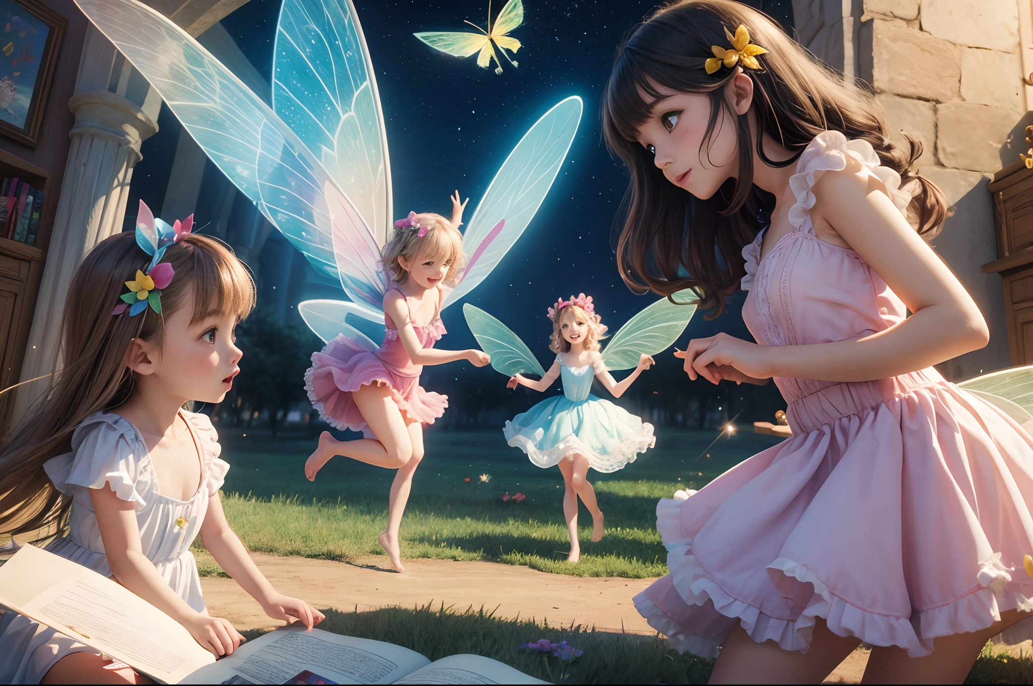 Girls and fairies with delicate wings, dancing over a rainbow, children's book illustration, 3d, whimsical, funny.