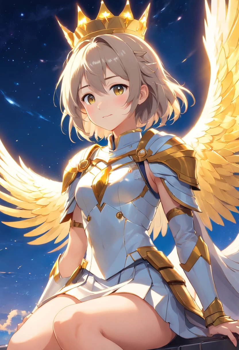 Full-body, silver-haired young girl, golden eyes, angelic body, and white armor with a mini skirt, wield a shield, wear a cloak and golden crown, sitting on the throne of golden sun, white wings, heavenly sun, and dawn background scene, the magic circle with diamond star, brave smile, stable diffusion v5, anime style v3, lora style v5, dynamic, image enhance, dream shape, vibrant, realistic face, best quality, upscale, sharp focus masterpiece.