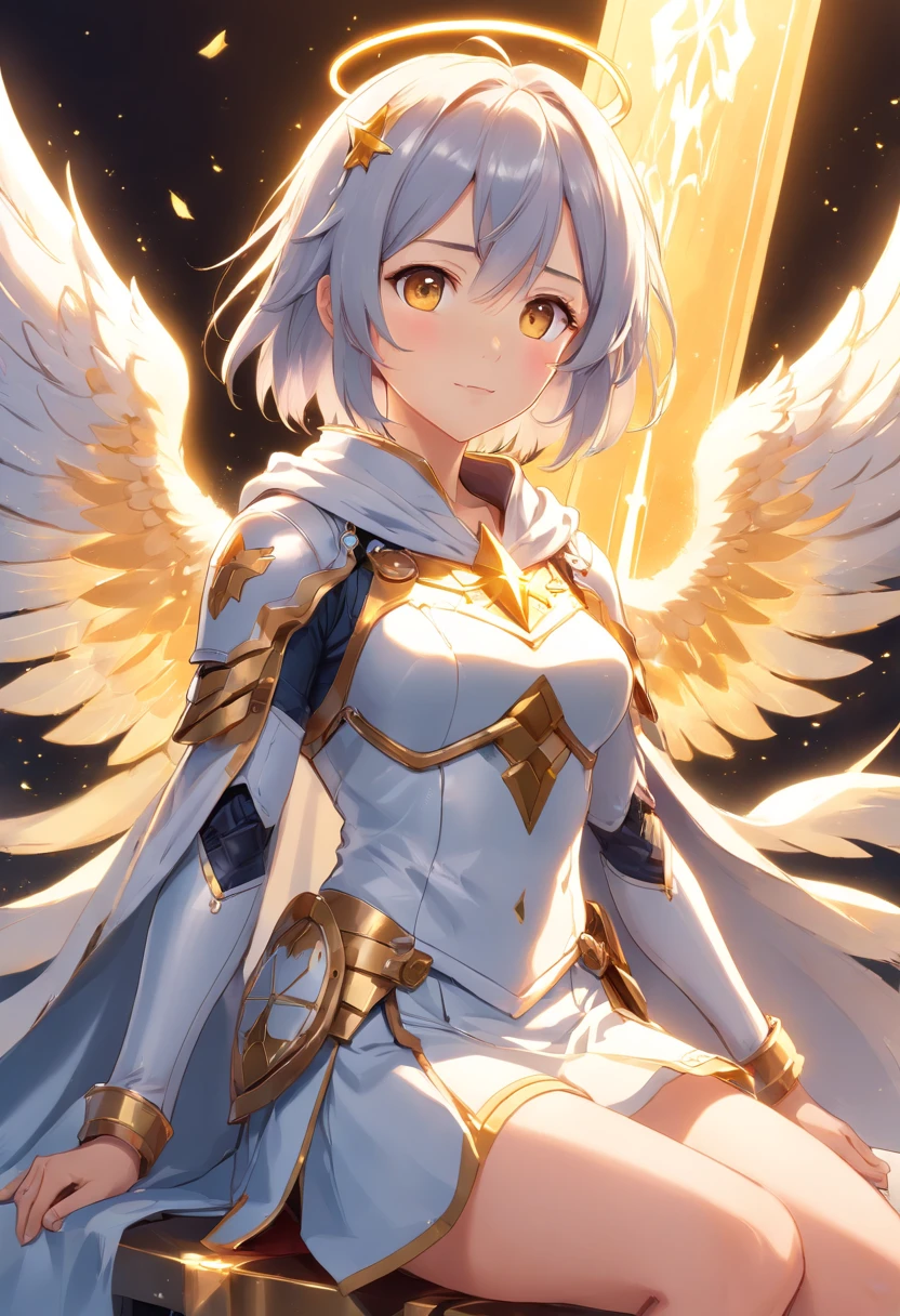 Full-body, silver-haired young girl, golden eyes, angelic body, and white armor with a mini skirt, wield a shield, wear a cloak and golden crown, sitting on the throne of golden sun, white wings, heavenly sun, and dawn background scene, the magic circle with diamond star, brave smile, stable diffusion v5, anime style v3, lora style v5, dynamic, image enhance, dream shape, vibrant, realistic face, best quality, upscale, sharp focus masterpiece.