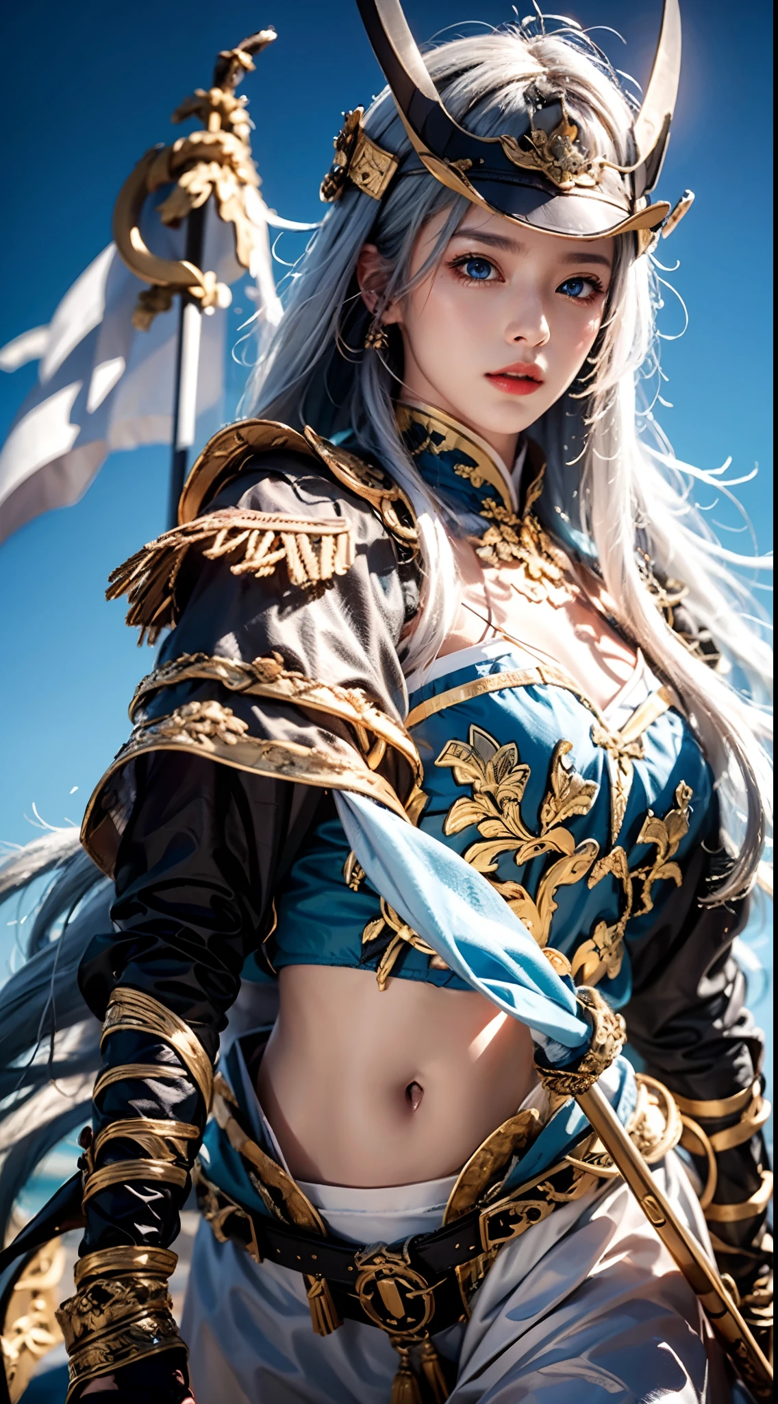 photorealistic, masterpiece, photorealistic, high resolution, soft light, hips up, blue eyes, white hair, long hair, Intricate details EABA, cloaks, spear, Samurai, Armor, Japanese Katana Sword, warrior, samurai helmet