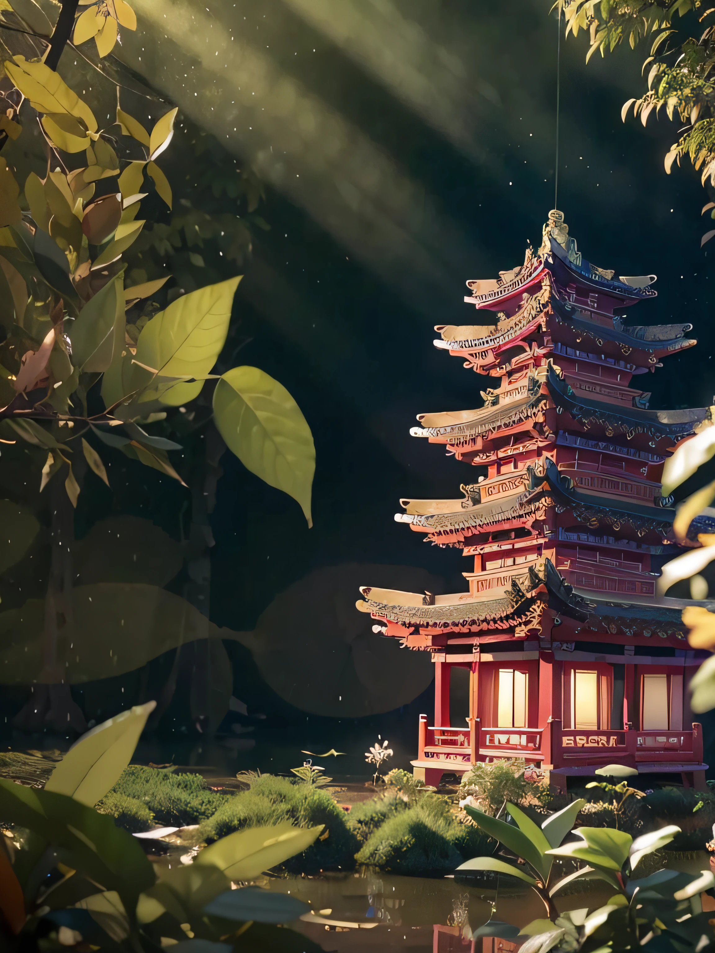 tmasterpiece,Best quality at best,Extremely beautiful reflection,The best reflections。(Very detailed CG unity 8K wallpaper),(Best quality at best),(The best illustrations),(The best shadow),Girls in Dunhuang costume dancing in the forest,Delicate makeup,Quiet Jiangnan water town,Supai architecture,Beautiful roses,quiet streams,surrounded by exquisite leaves and branches,There are also fireflies and glowing particle effects,(rainy evening),(nature elements),(Gangnam theme),(Foliage),(tree branch),(glowworm),butterflys,(exquisite leaves),(with light glowing),(Particle effect) , Isometric 3D, Octane rendering, ultra-detailliert