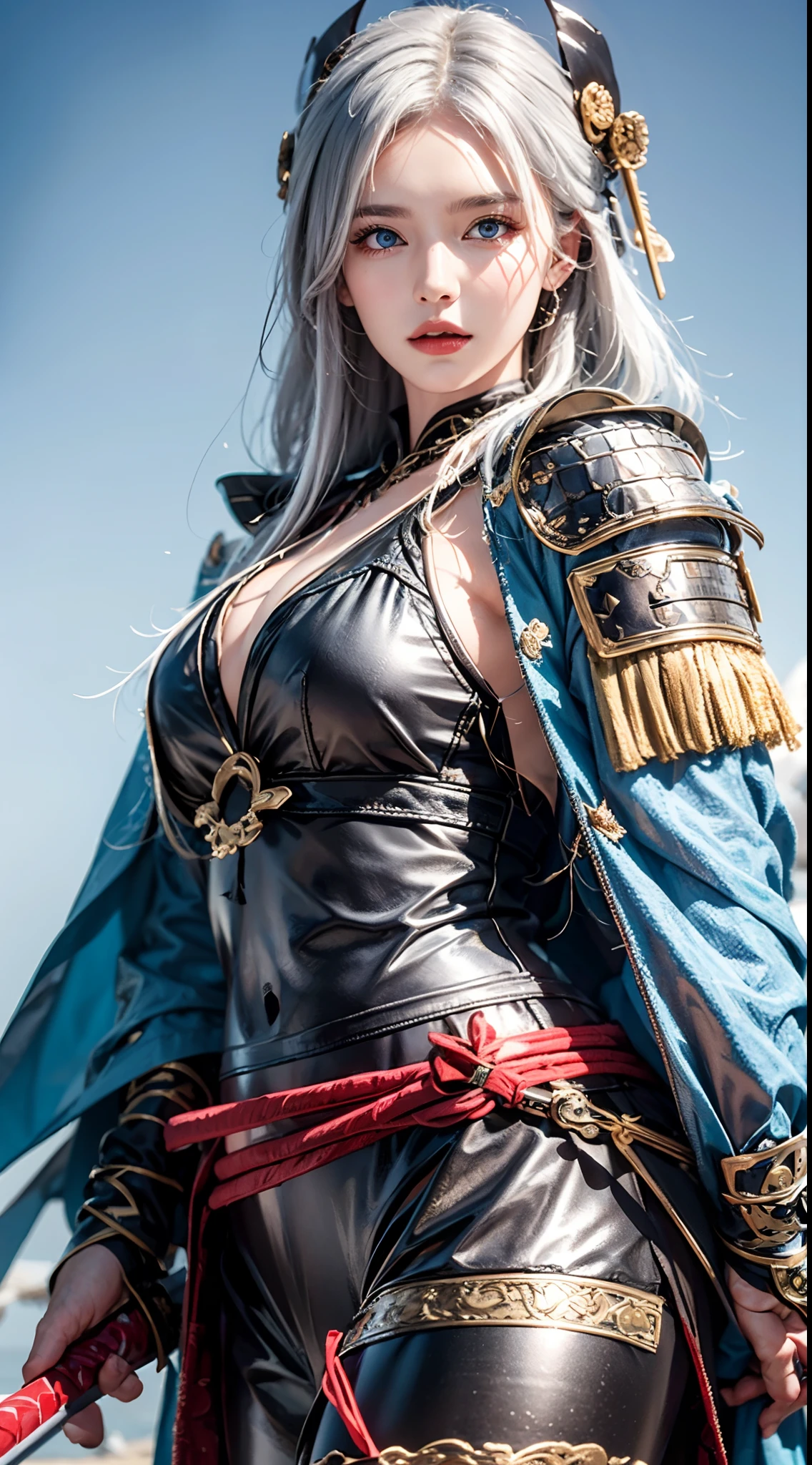 photorealistic, masterpiece, photorealistic, high resolution, soft light, hips up, blue eyes, white hair, long hair, Intricate details EABA, cloaks, spear, Samurai, Armor, Japanese Katana Sword, warrior, samurai helmet