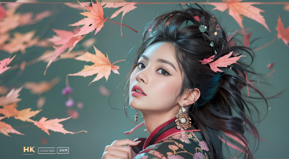 32K autumn view（tmasterpiece，k hd，hyper HD，32K）Long flowing black hair，ponds，zydink， a color， Autumn （Sensual girl）， （Blue and white silk scarf）， Combat posture， looking at the ground， long whitr hair， Floating hair， Carp pattern headdress， Chinese long-sleeved cheongsam， （Abstract gouache splash：1.2）， Pink petal background，Pink and white autumn sunset leaves fly（realisticlying：1.4），Black color hair，Fallen leaves flutter，The background is pure， A high resolution， the detail， RAW photogr， Sharp Re， Nikon D850 Film Stock Photo by Jefferies Lee 4 Kodak Portra 400 Camera F1.6 shots, Rich colors, ultra-realistic vivid textures, Dramatic lighting, Unreal Engine Art Station Trend, cinestir 800，Long flowing black hair，Bright clothes