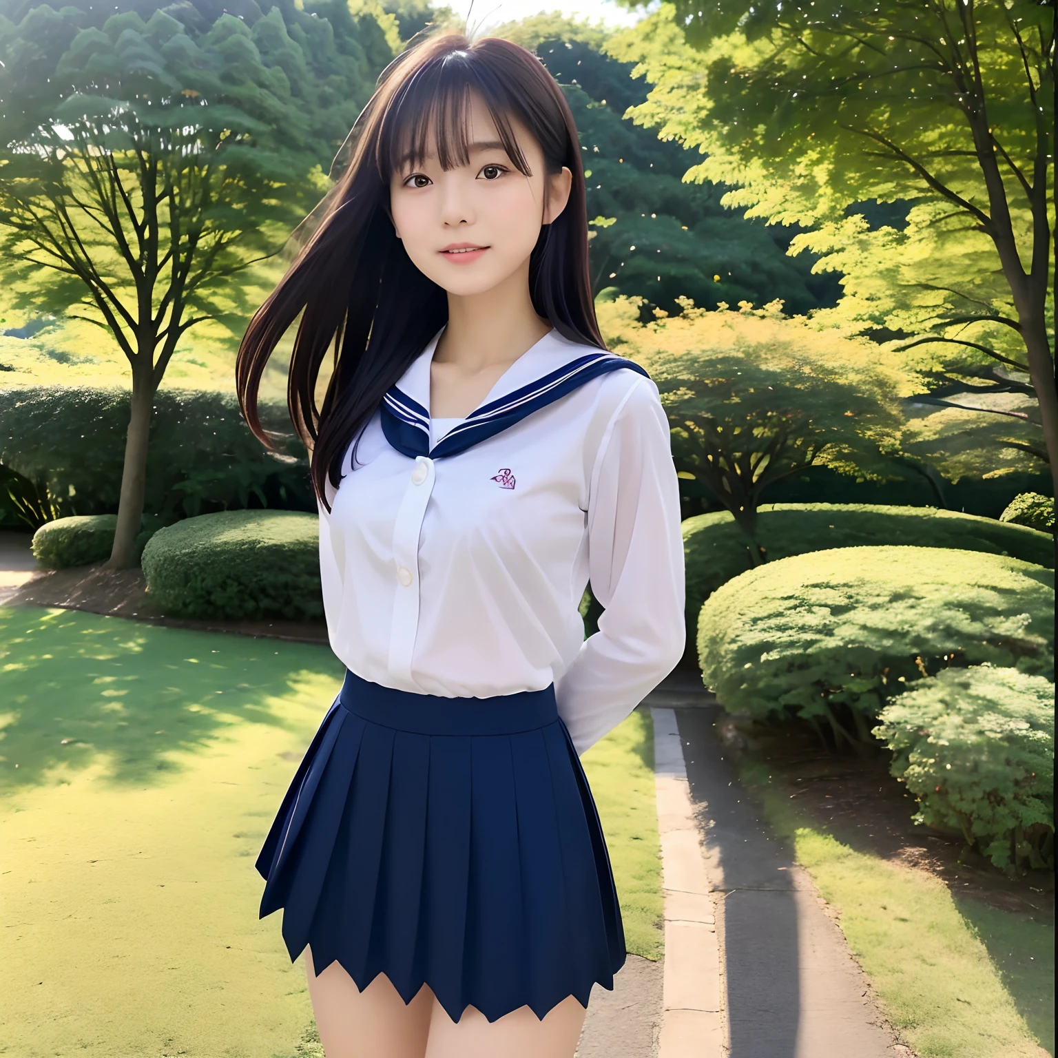 pieces fly、masterpiece、highest quality、Super detailed、High resolution、High resolution、8K portrait、unity 8k wallpaper、Detailed CG、unity 8k wallpaper、Detailed CGユニティ8kの壁紙、realistic、real person、portrait photography、shiny skin、（25 years old:1.2）、High resolution、beautiful clear eyes、very detailed explanation、delicate face、nice lips、thin waist、thin legs、1 girl、(garden:1.3)、(shirt, serafuku, crew_collar, school uniform, pleated skirt)、(big smile:1.2)、(take a pose:1.4)、(flat chest:1.4)