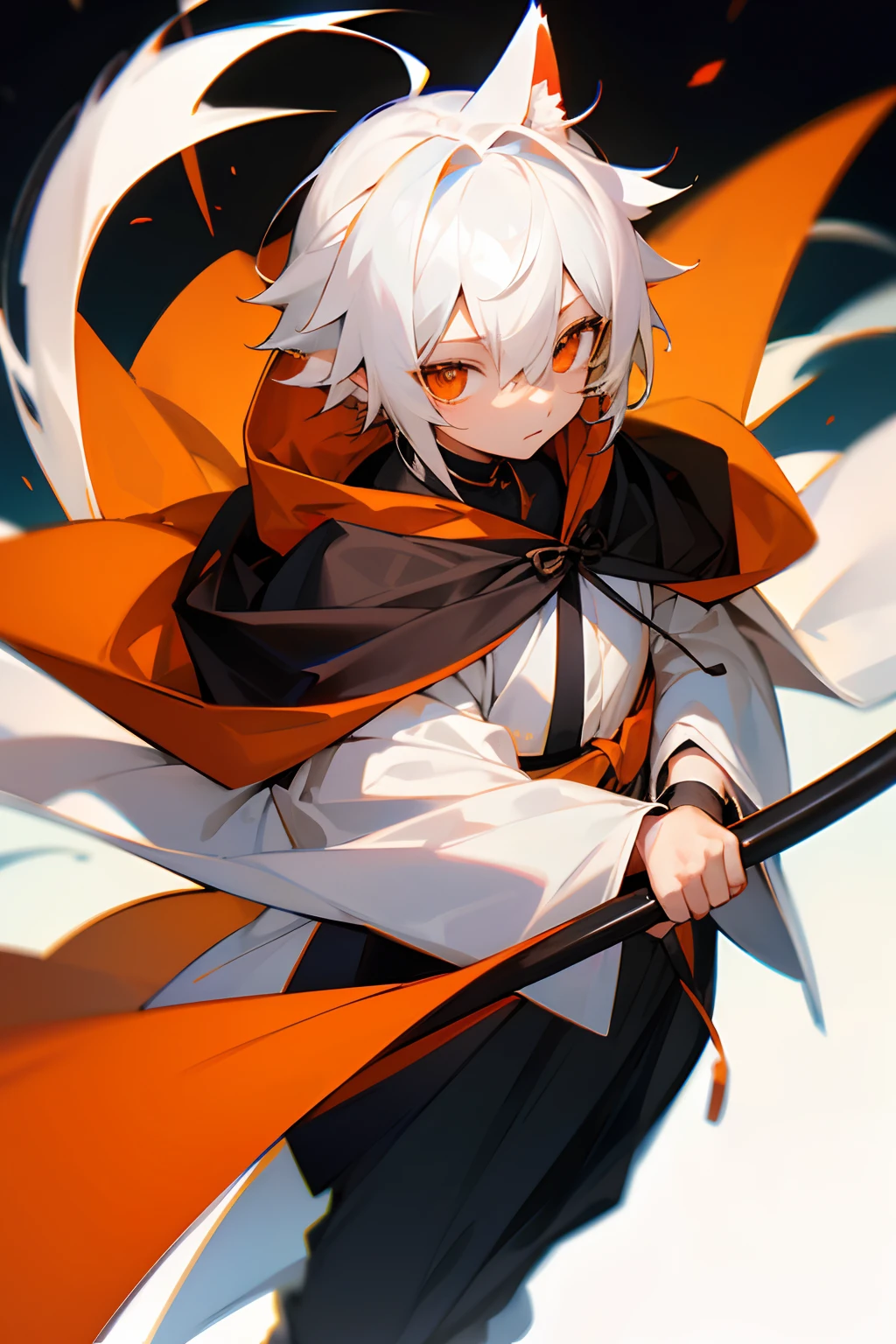 white hair、Orange eyes、Hood from the top of the fox's ears、cute little、male