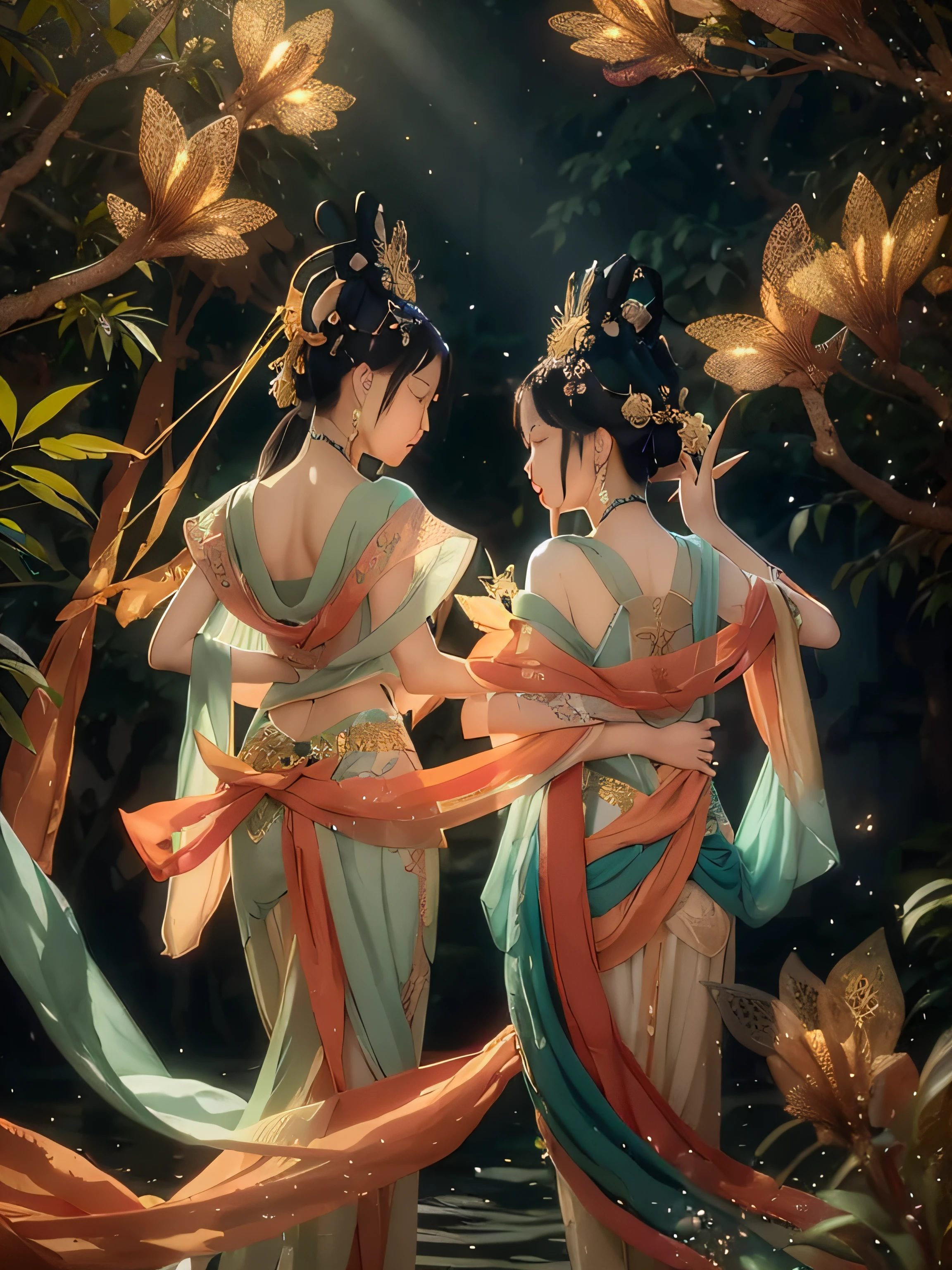 tmasterpiece,Best quality at best,Extremely beautiful reflection,The best reflections。(Very detailed CG unity 8K wallpaper),(Best quality at best),(The best illustrations),(The best shadow),Girls in Dunhuang costumes dancing in the forest,Delicate makeup,Quiet Jiangnan water town,Supai architecture,Beautiful roses,quiet streams,surrounded by exquisite leaves and branches,There are also fireflies and glowing particle effects,(rainy evening),(nature elements),(Gangnam theme),(Foliage),(tree branch),(glowworm),butterflys,(exquisite leaves),(Particle effect), Isometric 3D, Octane rendering, Ray traching, ultra-detailliert
