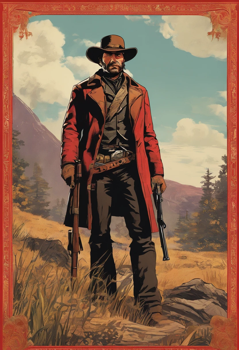 《Red Dead Redemption 2》Full body photo of dangerous illegal gunman, Wearing a black fur coat,suit vest,clean shaven,without a beard,Detailed portrait, Vintage illustration, High-res, Realistic colors, intricate drawing, Vibrant colors, Dramatic lighting, Full body shot, There are only clean calves on the face, The entire body from the feet to the top. Eastern United States 1899 forest hut background, There are grasses and many trees,Cigarette card color,Cigarette card,