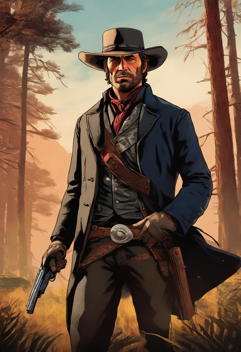 《Red Dead Redemption 2》Full body photo of dangerous illegal gunman, Wearing a black fur coat,suit vest,clean shaven,without a beard,Detailed portrait, Vintage illustration, High-res, Realistic colors, intricate drawing, Vibrant colors, Dramatic lighting, Full body shot, There are only clean calves on the face, The entire body from the feet to the top. Eastern United States 1899 forest hut background, There are grasses and many trees,Cigarette card color,Cigarette card,