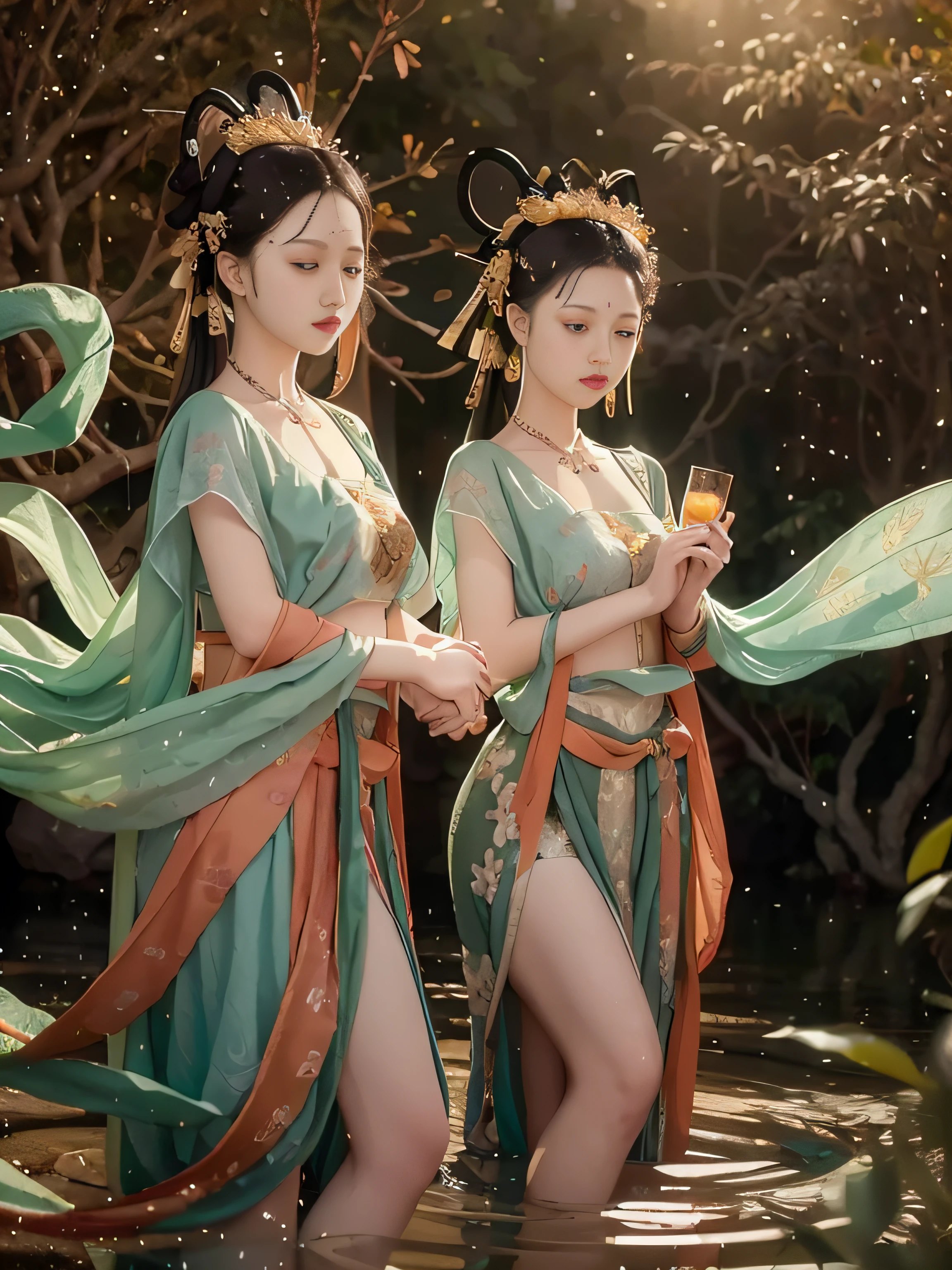 tmasterpiece,Best quality at best,Extremely beautiful reflection,The best reflections。(Very detailed CG unity 8K wallpaper),(Best quality at best),(The best illustrations),(The best shadow),Girls in Dunhuang costumes dancing in the forest,Delicate makeup,Quiet Jiangnan water town,Supai architecture,Beautiful roses,quiet streams,surrounded by exquisite leaves and branches,There are also fireflies and glowing particle effects,(rainy evening),(nature elements),(Gangnam theme),(Foliage),(tree branch),(glowworm),butterflys,(exquisite leaves),(Particle effect), Isometric 3D, Octane rendering, Ray traching, ultra-detailliert