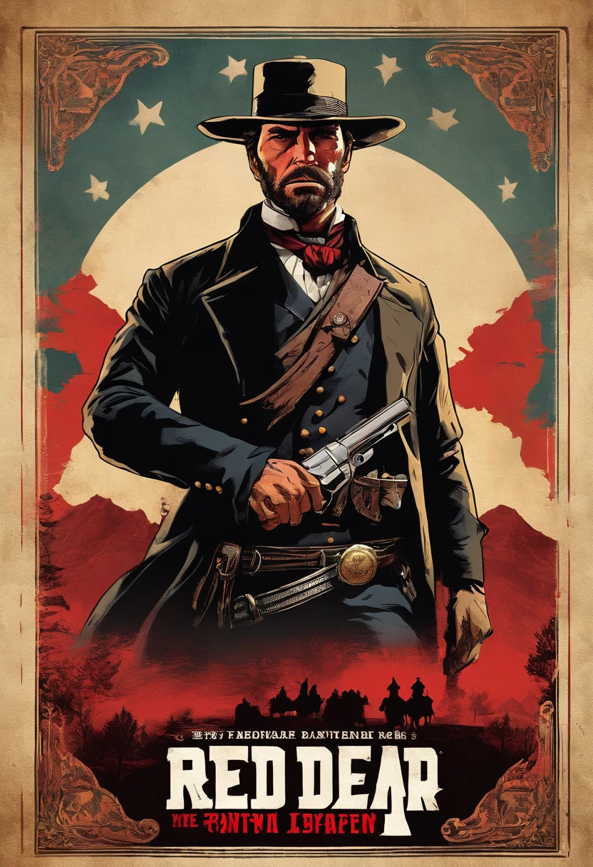 《Red Dead Redemption 2》Full body picture of a dangerous illegal gunman, Wearing a black fur coat,suit vest,clean shaven,without a beard,Detailed portrait, Vintage illustration, High-res, Realistic colors, intricate drawing, Vibrant colors, Dramatic lighting, Full body shot, There are only clean calves on the face, The whole body from the feet to the top. Eastern United States 1899 forest hut background, There are grasses and many trees,Cigarette card color,Cigarette card,Old paper texture