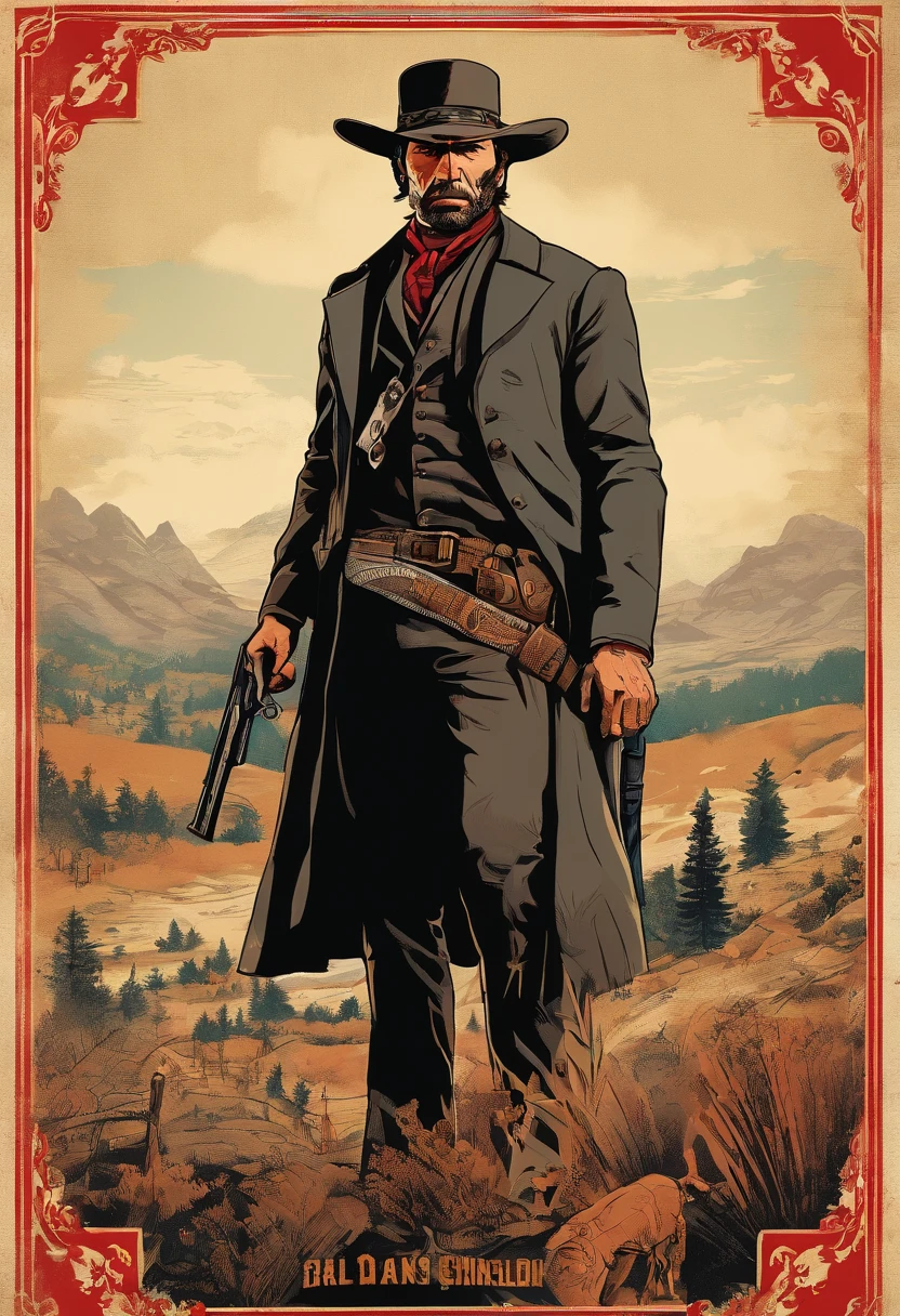 《Red Dead Redemption 2》Full body photo of Lieutenant Sergeant Curtis Malloy, Detailed portrait, Vintage illustration, High-res, Realistic colors, intricate drawing, Aging paper texture, Vibrant colors, Dramatic lighting, Full body shot, Nevada cap, Only mustache, The whole body from the feet to the top. Background of towns in the eastern United States in 1899, There are grasses and trees,In a small town.