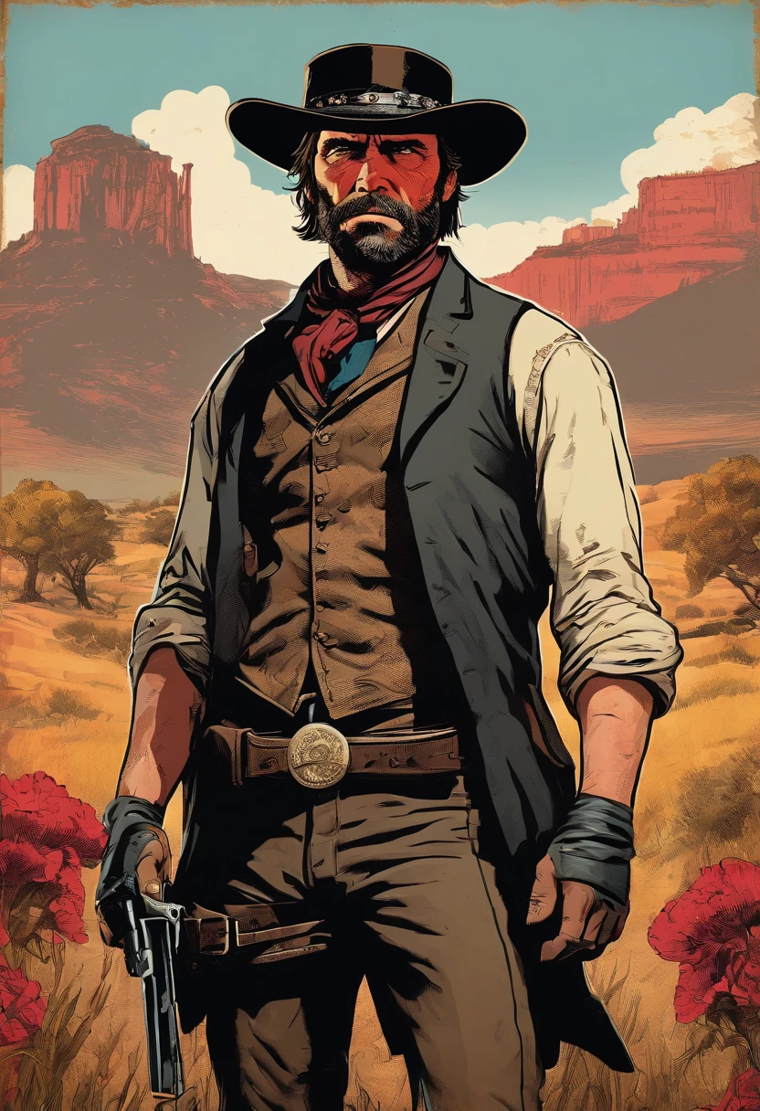 《Red Dead Redemption 2》Full body picture of a dangerous illegal gunman, Wearing a black fur coat,suit vest,clean shaven,without a beard,Detailed portrait, Vintage illustration, High-res, Realistic colors, intricate drawing, Vibrant colors, Dramatic lighting, Full body shot, There are only clean calves on the face, The whole body from the feet to the top. Eastern United States 1899 forest hut background, There are grasses and many trees,Cigarette card color,Cigarette card,Old paper texture