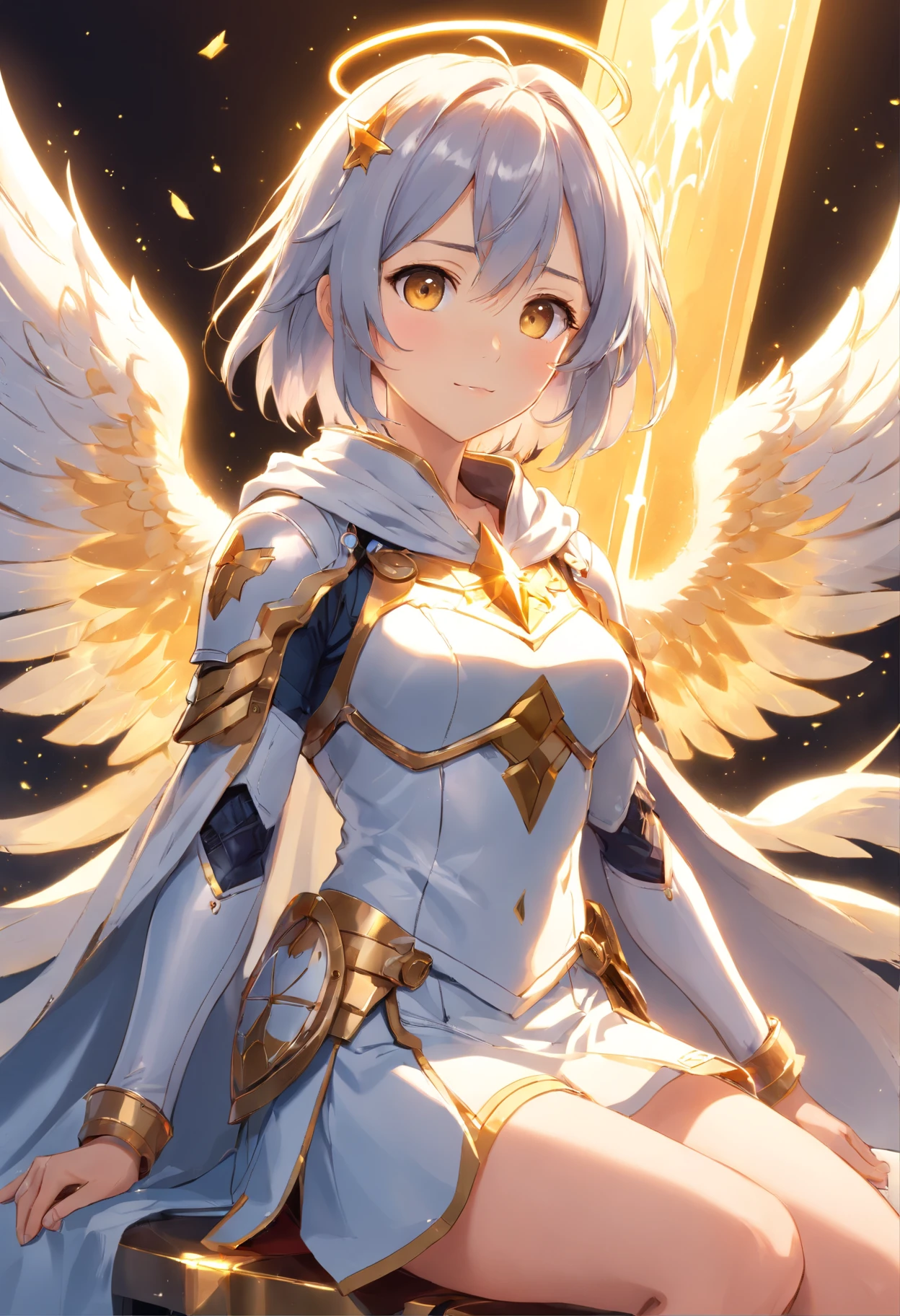 Full-body, silver-haired young girl, golden eyes, angelic body, and white armor with a mini skirt, wield a shield, wear a cloak and golden crown, sitting on the throne of golden sun, white wings, heavenly sun, and dawn background scene, the magic circle with diamond star, brave smile, stable diffusion v5, anime style v3, lora style v5, dynamic, image enhance, dream shape, vibrant, realistic face, best quality, upscale, sharp focus masterpiece.
