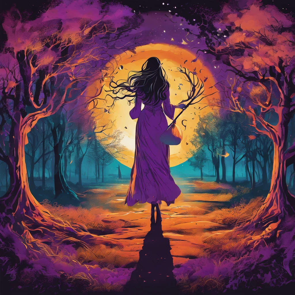 "(best quality, highres, ultra-detailed), The goddess casting mystical glowing spells in a haunted forest, orange and purple hues, portraits, vivid colors, extreme detail description, sharp focus, physically-based rendering, studio lighting, horror, witch, magical, eerie atmosphere, swirling fog, ethereal glow, ancient trees, twisted branches, moonlit sky, mysterious shadows, spellbinding, enchanting, hauntingly beautiful"
