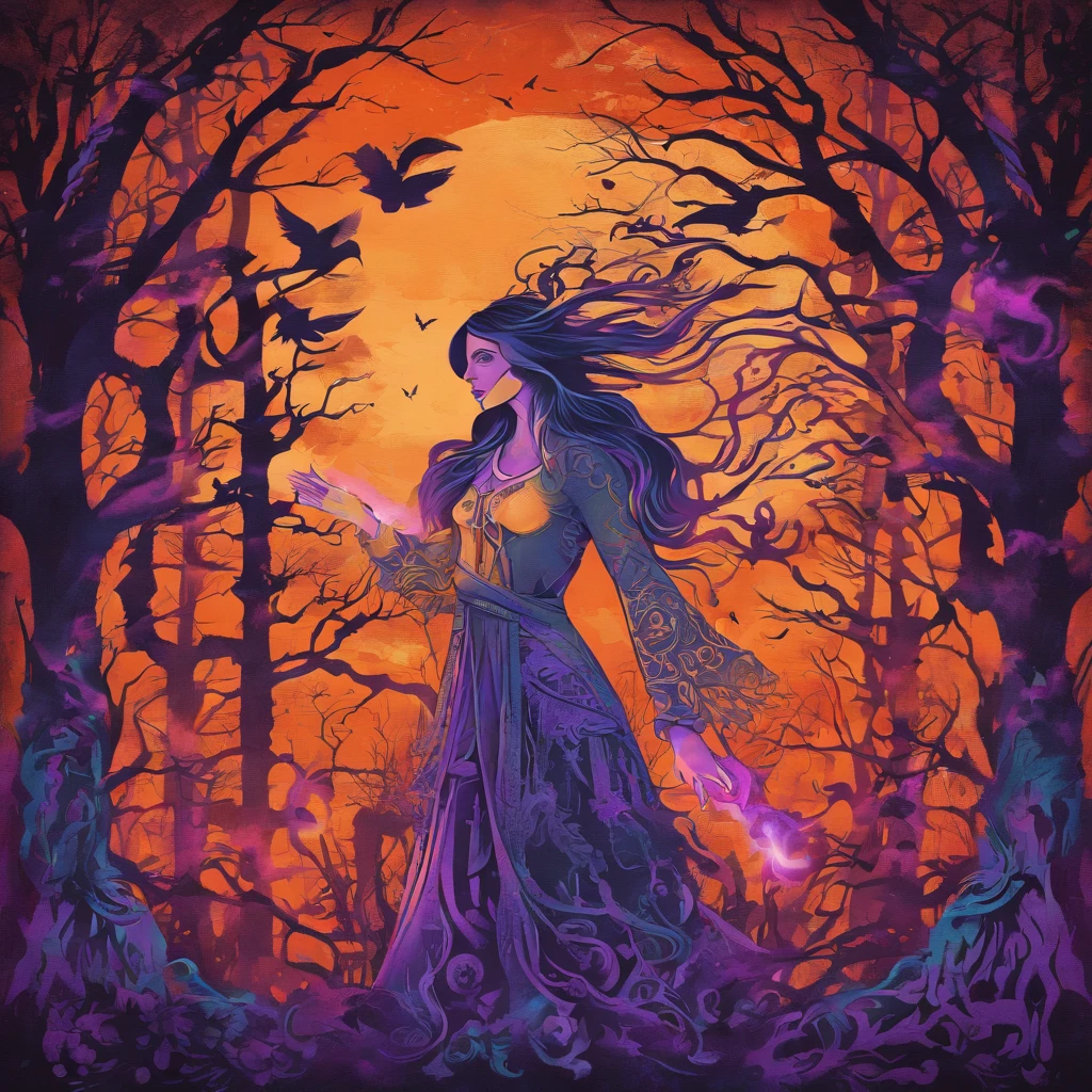 "(best quality, highres, ultra-detailed), The goddess casting mystical glowing spells in a haunted forest, orange and purple hues, portraits, vivid colors, extreme detail description, sharp focus, physically-based rendering, studio lighting, horror, witch, magical, eerie atmosphere, swirling fog, ethereal glow, ancient trees, twisted branches, moonlit sky, mysterious shadows, spellbinding, enchanting, hauntingly beautiful"