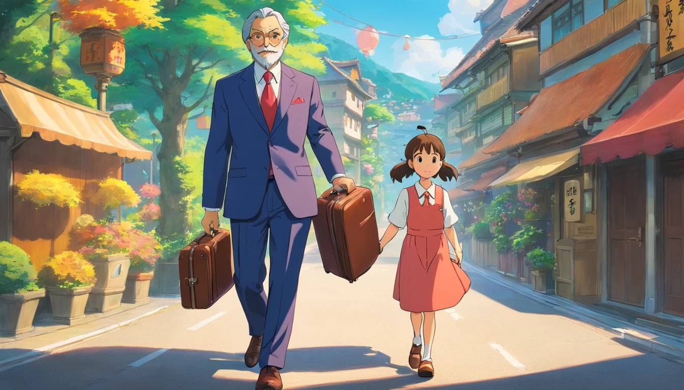 Uncle in suit with daughter,Return to your hometown with your luggage