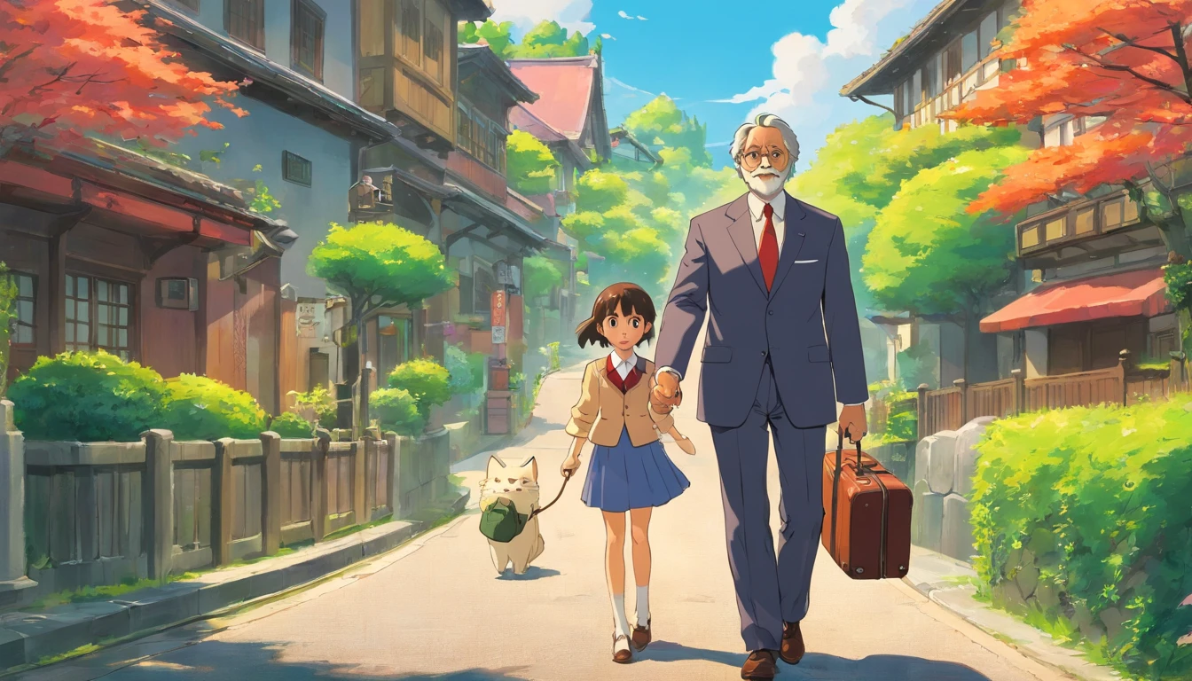 Uncle in suit with daughter，Return to your hometown with your luggage