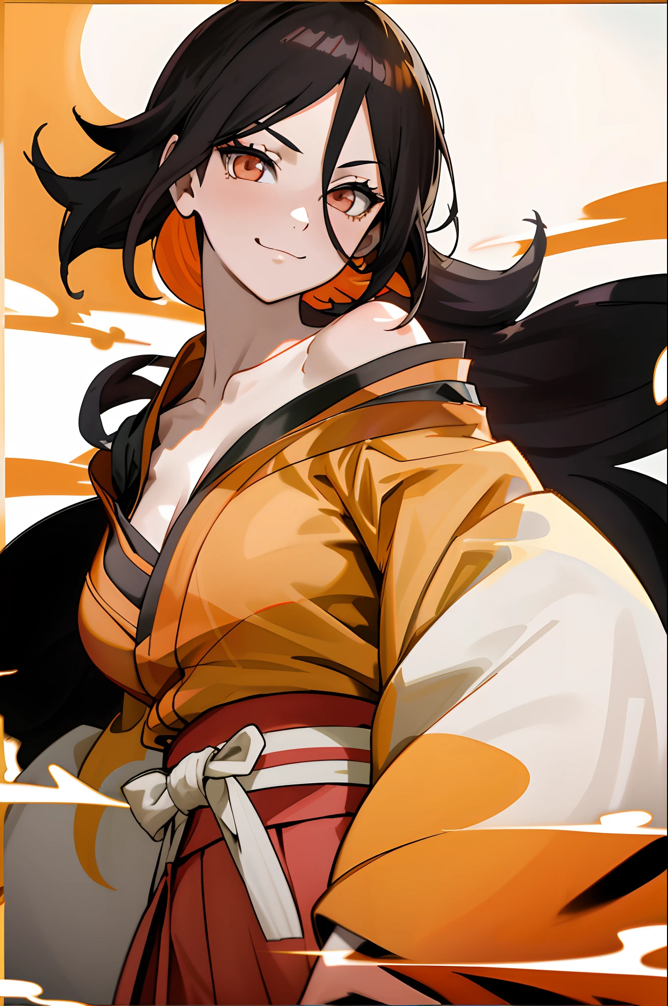 tmasterpiece, Overlooking, 1girll, 独奏,Off-the-shoulder attire,upperbody closeup, orange kimono, Red hakama skirt, obi strip, Wide sleeves, looking at viewert,cleavage,Large breasts,Front view,ssmile,sportrait,Close-up shot