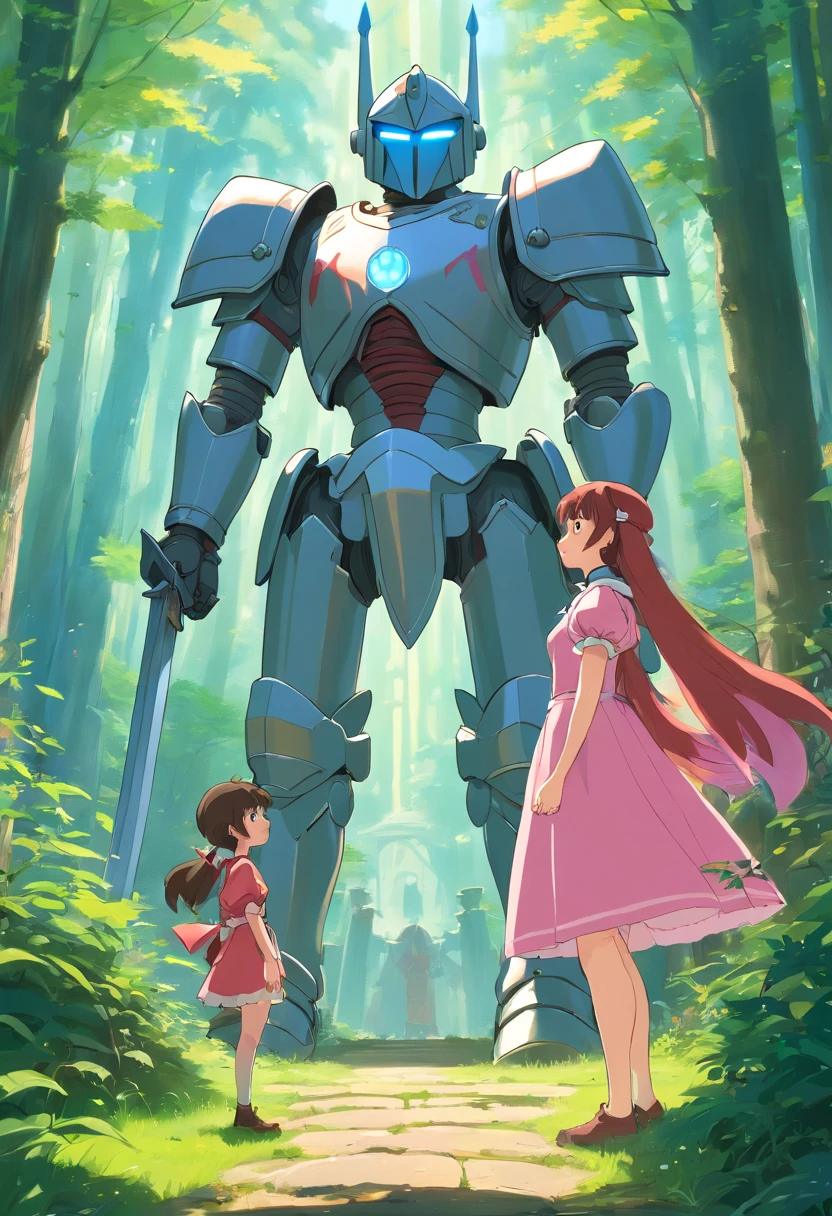 knight in metal armor looking at a princess in dress, they are off in the distance of a lush forest of trees landscape shot, painting with pallet knife and brush strokes, unreal engine, alphonse mucha style, makoto shinkai and lois van baarle style, global illumination, detailed and intricate environment, pink and red hearts