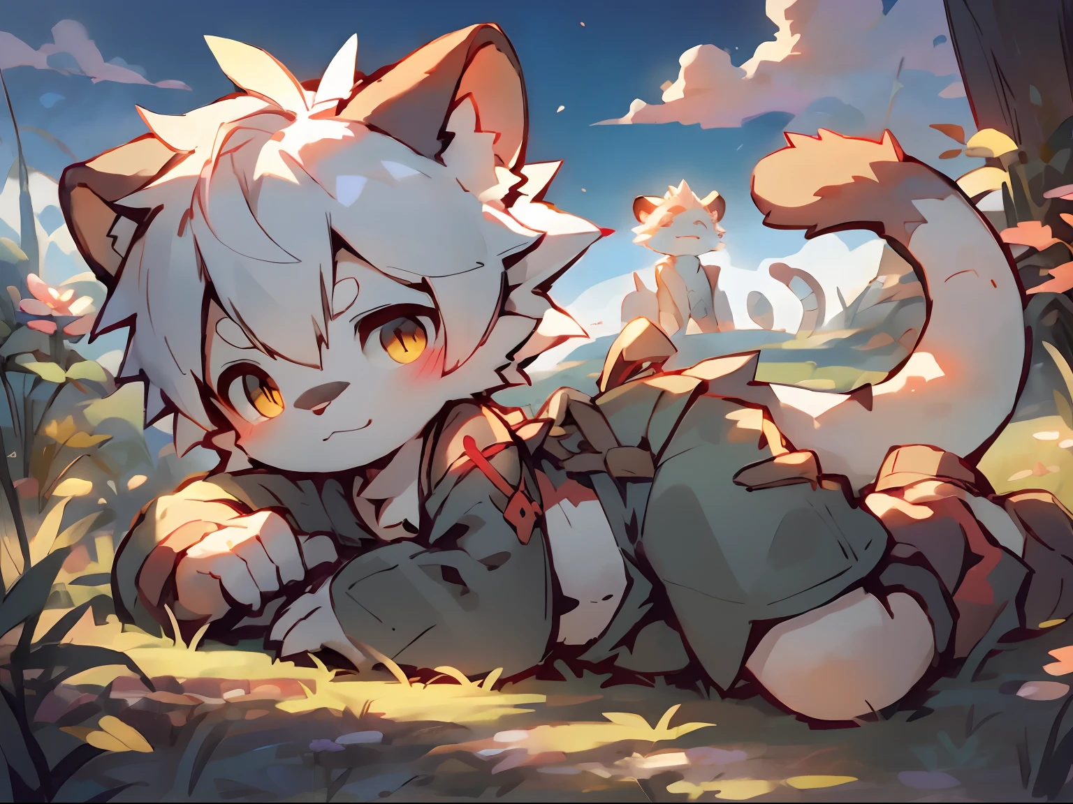 A little boy in a beautiful and enchanting landscape，Lying in a wheat field, trending on artstation pixiv, Guviz-style artwork, Very handsome， Guviz, Guweiz on ArtStation Pixiv, young male anthro dragon，red scales，White hair，Full body photo，male people，toddlers，((Libido boy))，，((author：Puinki,By Artists:1.2),(author：Unreal Land,author：Sumi Kuroi,author：Milk Tiger 1145,author：Morkey,(author：Xia Huaiting:0.8),(by Pino Daeni:0.8)