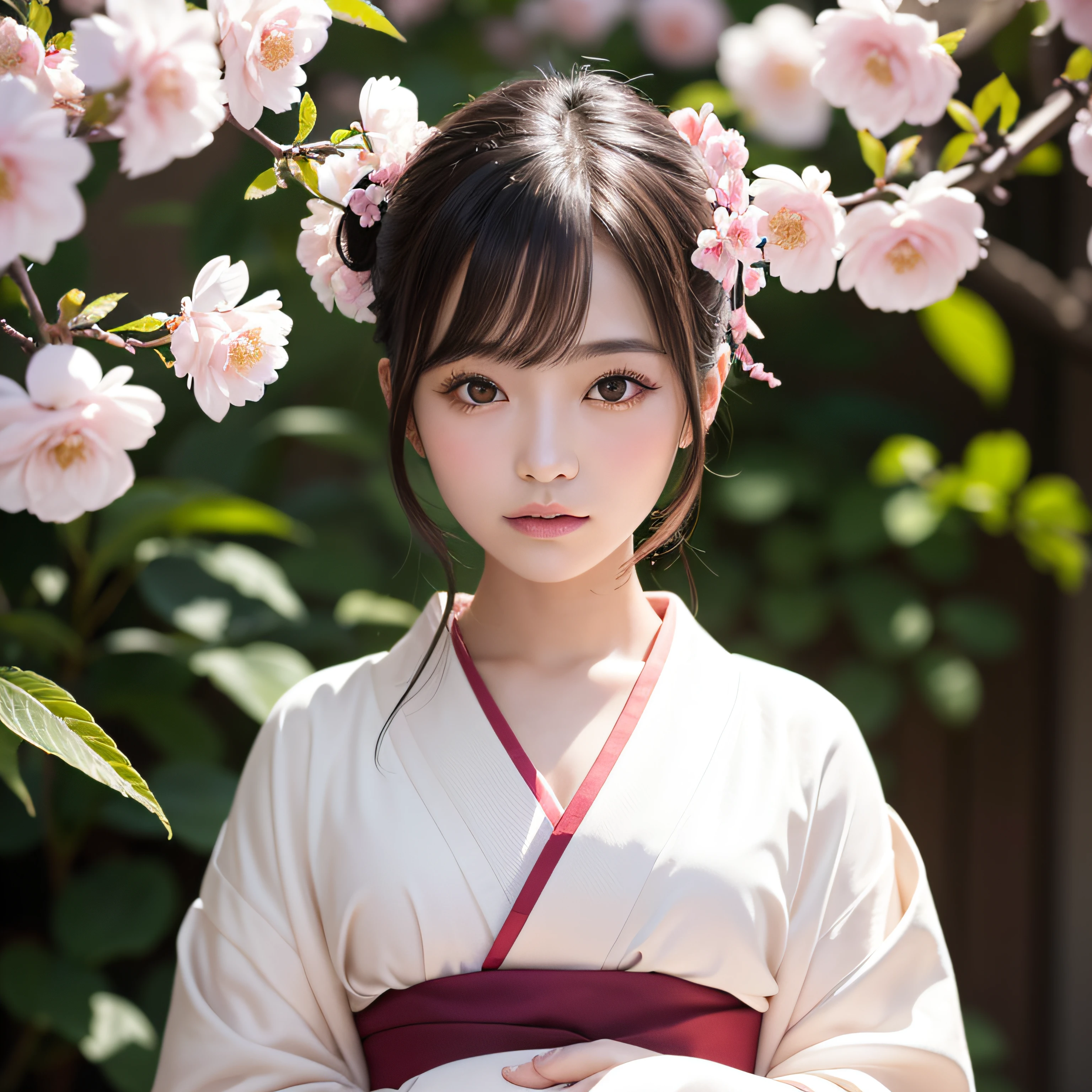 A hyper-realistic, Highly detailed, High resolution 16K image of youth, Beautiful female ghost or guardian spirit. She has pale pink hair and translucent skin, Wearing a traditional kimono with Japan with a small cherry blossom design on the obi. This image is、It captures the ethereal beauty and mystique of the spirit world. The style is inspired by delicacy, Soft aesthetics found in Japan traditional performing arts.