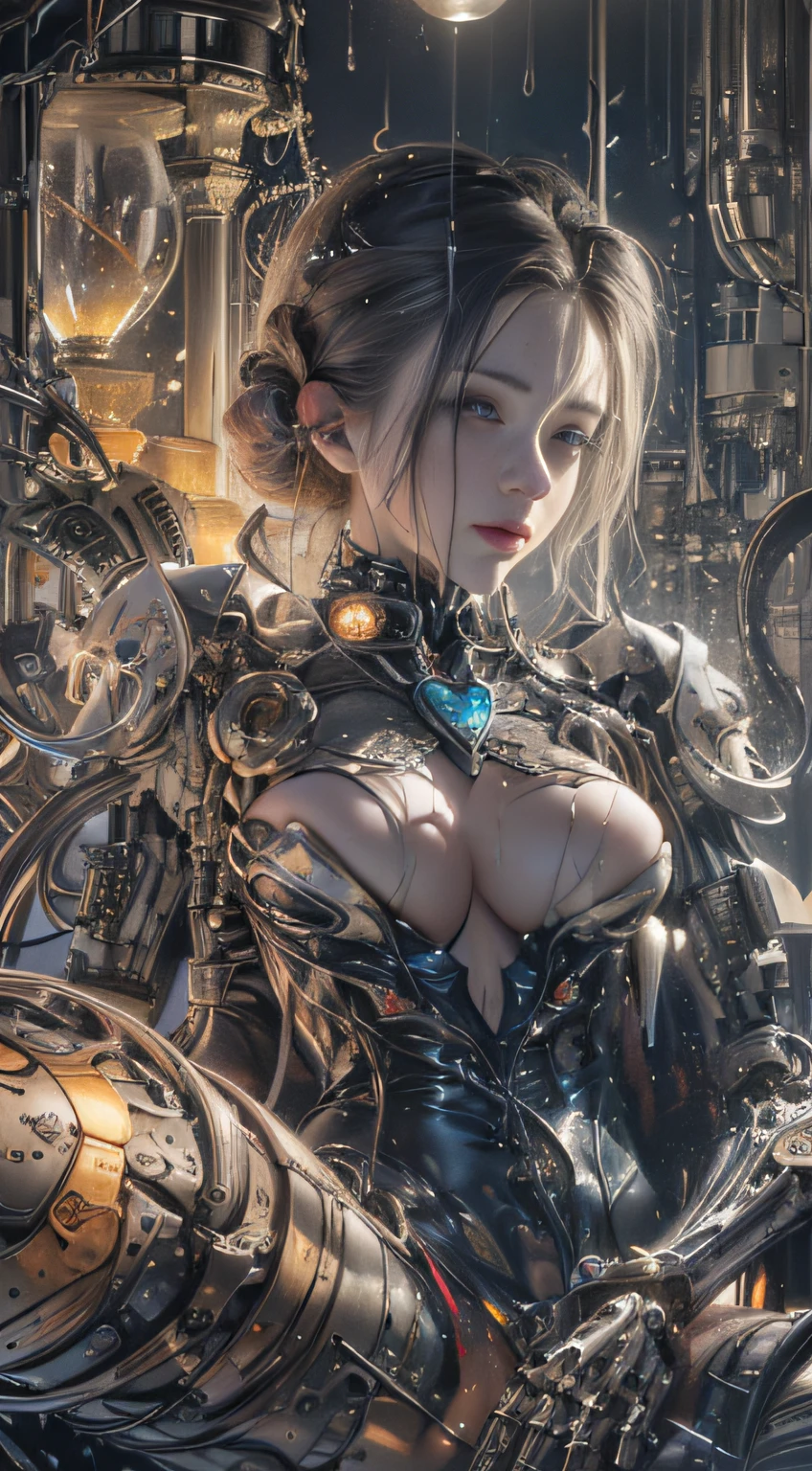 (Masterpiece, top quality, best quality, official art, Beauty and Aesthetics: 1.2), (1 Girl: 1.3), Very Detailed, Colorful, Most Detailed ((Super Detailed)), (Highly Detailed CG Illustration), (Very Delicate and Beautiful), (From the Front), Cinema Light, ((1 Mechanical Girl)), Single, Complete, (Machine-Made Joints: 1.2), ((Mechanical Limbs)), (Many Mechanical Tentacles), (Tied), (True), (Blood Vessels Attached to Tubes), (Mechanical Vertebrae Attached to the Back) ,((hourglass body:1.8,large real breasts:1.6,large metal nipples:1.4))((mechanical cervical vertebrae attached to her neck)), (lying on his stomach), (legs spread:2.1,real puffy pussy:1.6,wet pussy:1.4), (expressionless, (wires and cables connected to the neck: 1.2), (wires and cables connected to the head: 1.2) (character focus), science fiction, black background,(mucus: 1.5),looking at viewer seductively