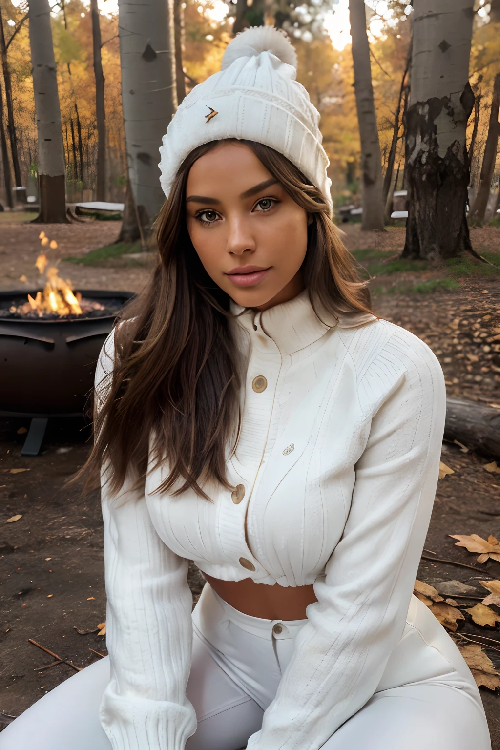 solo woman making smores around fire-pit in mountain resort, film quality, highest details, she's looking at camera, eating gooey marshmellow, she wears white winter jacket, white tights, gloves and knit hat, (ultra-realistic matte cloth texture), she sits by glowing fire, attractive woman, joyfully eating drippy chocolate smore, outdoor fashion, blonde brown hair falls down, gorgeous winter seasonal surroundings. solo woman, fall trees by small camp-fire glow, (highest quality fire), (vivid fall colored leaves: orange, red, burnt sienna, naples yellow, green leaves) on the aspen trees, (ultra-realistic extures, coloring) film qualitywoman dressed in warm winter style fashion, she's lovely, wearing *tight matte white pants), (highest level fabric texture detail,), (extreme detail of her fabric, hair ), she wears hair down messy, sitting heavenly sweets, sensual, (extreme marshmellow smore detail), she's in front of viewer, fire glowing, ,soft accent ,autumns light, (ultra-real), crisp gorgeous rembranndt like lighting, (Rembrandt patch), (highest quality fire spark details), fall mountain aspens trees in background, silky long dark hair, every detail,Fine facial features, Masterpiece – Masterpiece ○○ quality – ○○ quality best quality(Highest Quality) ,Leica film, best, solo female eating (hiquality) etc ○○ detailed – ○○ details ultra detailed(Ultra-fine ), Photorealistic, Extremely detailed(Extremely detailed) , Finely detailed(Fine-grained), (highest detail skin texture peachfuzz earlobe realistic), (highest detailed mouth lips), etc ○○ res – ○○ resolution ultra high res(A high resolution) , very high texture res(light resolution), Realistic – Realistic Photorealistic – photorealistic beautiful – beautiful 4k , 8K,extreme detail of nature, dreamy, close and intimate, she is in front of camera, captivating surroundings, (highest quality hair, fabric, ((natural surroundings ultra-realistic details of deep color))), calming and relaxed in fall photoshoot