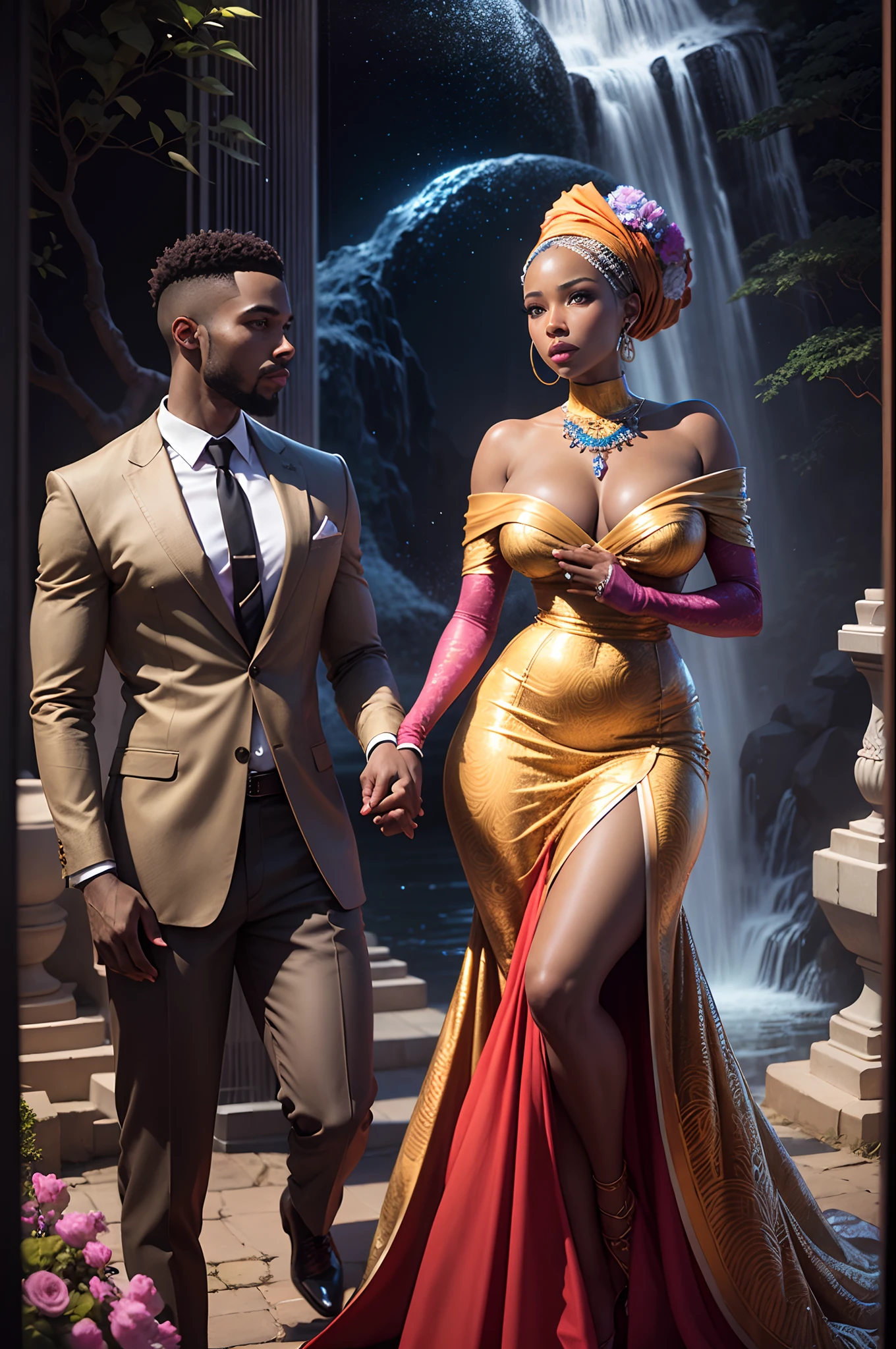 Haute couture inspired art of a black man wedding a black woman with celebrating congregation watching them, all wearing African traditional clothes, in an African area surrounded by African sculptures, Trees, gardens of flowers and waterfall, giving a beautiful vibrant and cinematic look, night time shining with a beautiful vibrant look, with iridescent light, photorealistic image, 32k, ultra HD, cinematic lighting, artgerm style, highly detailed images, highly detailed facial features,  highly detailed hands and legs, highly detailed fingers, highly detailed surrounding, vibrant and beautiful colours, --auto --s2