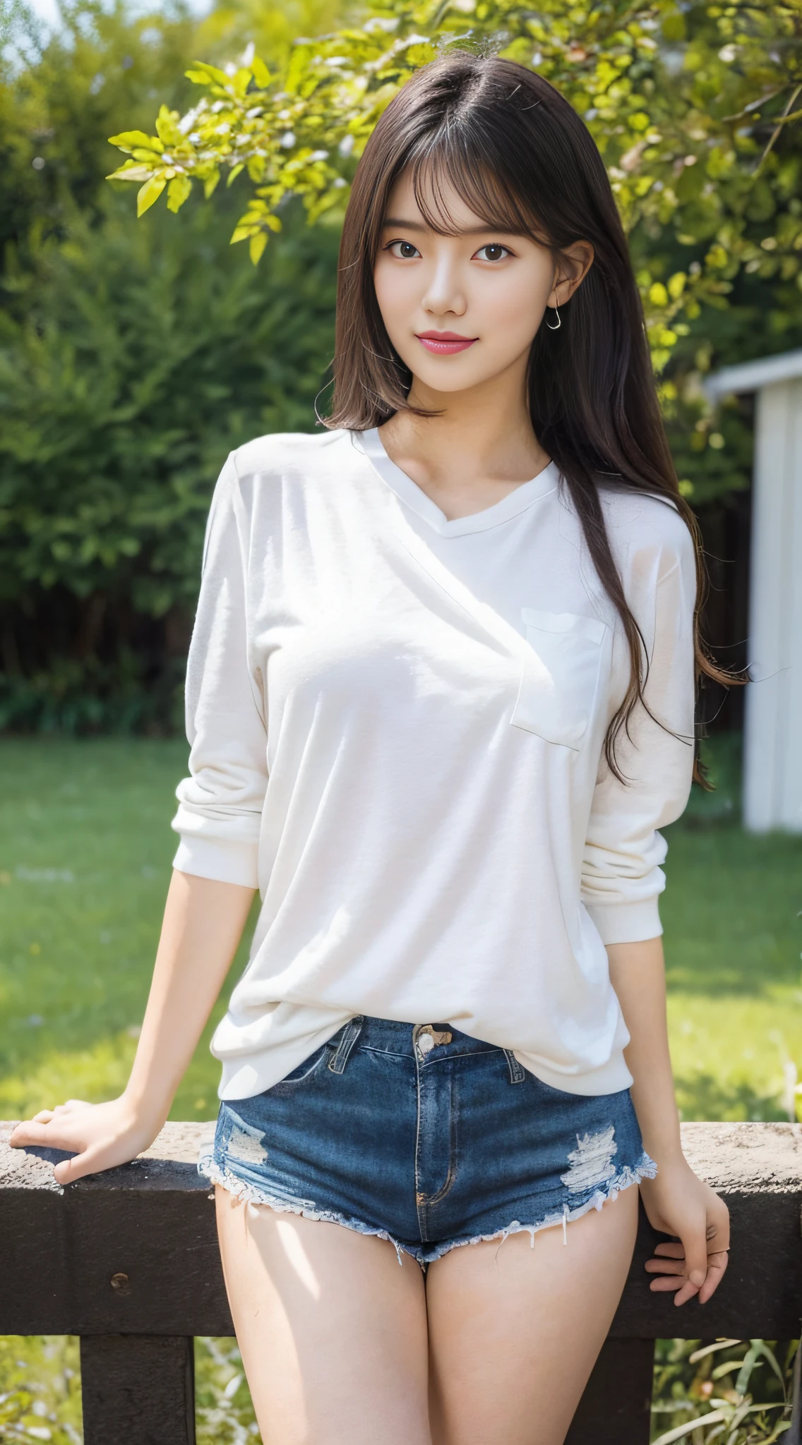 best qualtiy,tmasterpiece,超高分辨率,(真实感:1.4),RAW photogr,cold light,1girll, Nice face,(Slim,Raised sexy),ssmile,cabelos preto e longos,hair adornments,(slender leg), (White sweatshirt,Black super shorts,white legwear,White sneakers),Beautiful teenage girl,Beautiful goddess,Detailed scenes, Picturesque, Beautiful teenage girl,Beautiful goddess,Detailed scenes, Beautiful digital illustration, the detail,Hyper-detailed, Cinematic quality, (Beauty and aesthetics,big breasts beautiful),cropped shoulders,Bare chest,The chest is large,High ponytail,ssmile,Full body photo