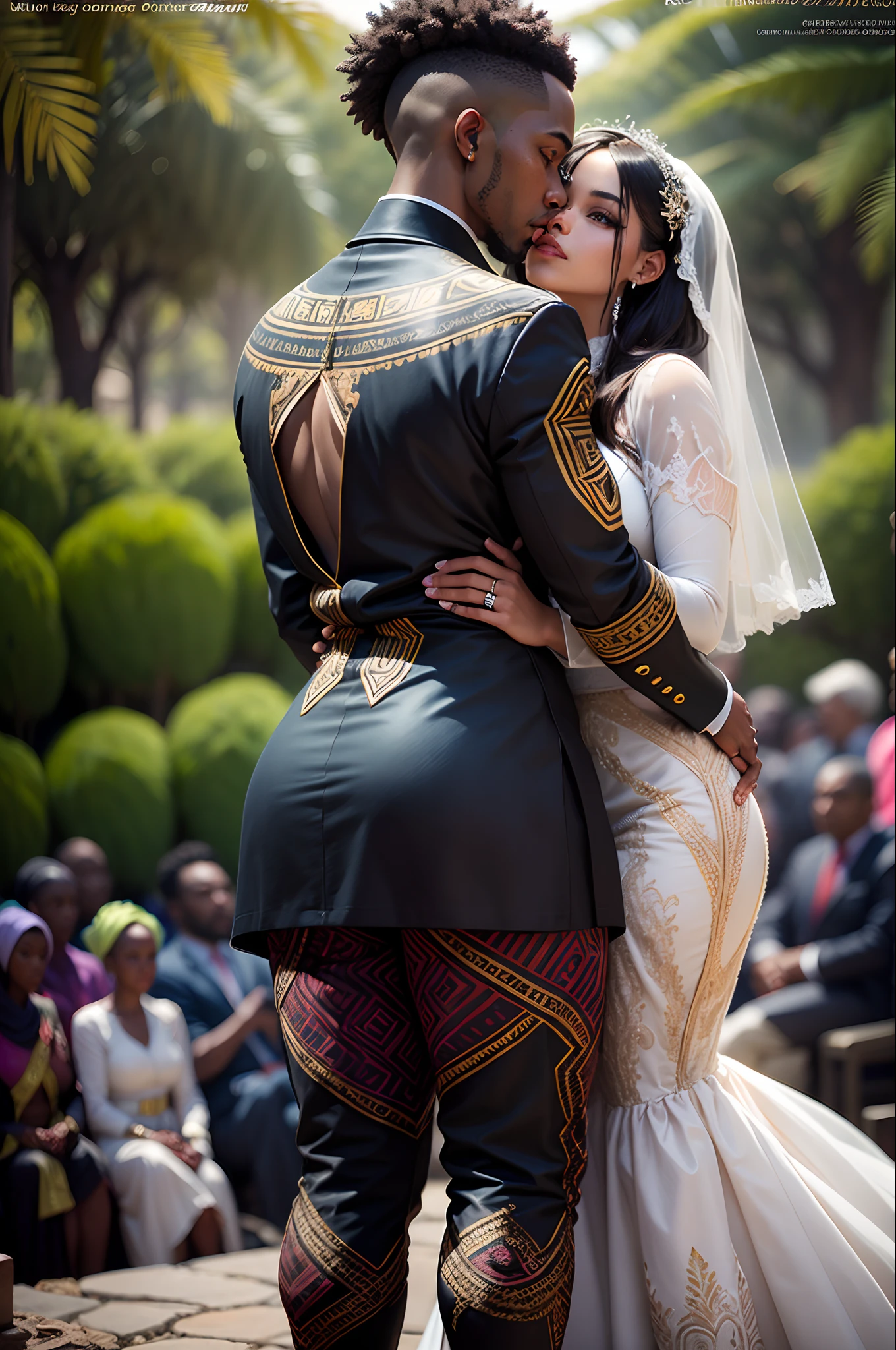 Haute couture inspired art of a black man wedding a black woman with celebrating congregation watching them, all wearing African traditional clothes, in an African area surrounded by African sculptures, Trees, gardens of flowers and waterfall, giving a beautiful vibrant and cinematic look, night time shining with a beautiful vibrant look, with iridescent light, photorealistic image, 32k, ultra HD, cinematic lighting, artgerm style, highly detailed images, highly detailed facial features, highly detailed hands and legs, highly detailed fingers, highly detailed surrounding, vibrant and beautiful colours, --auto --s2